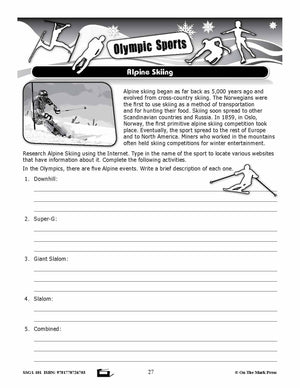 Alpine Skiing Gr. 4-8 Information and Follow-Up Worksheets