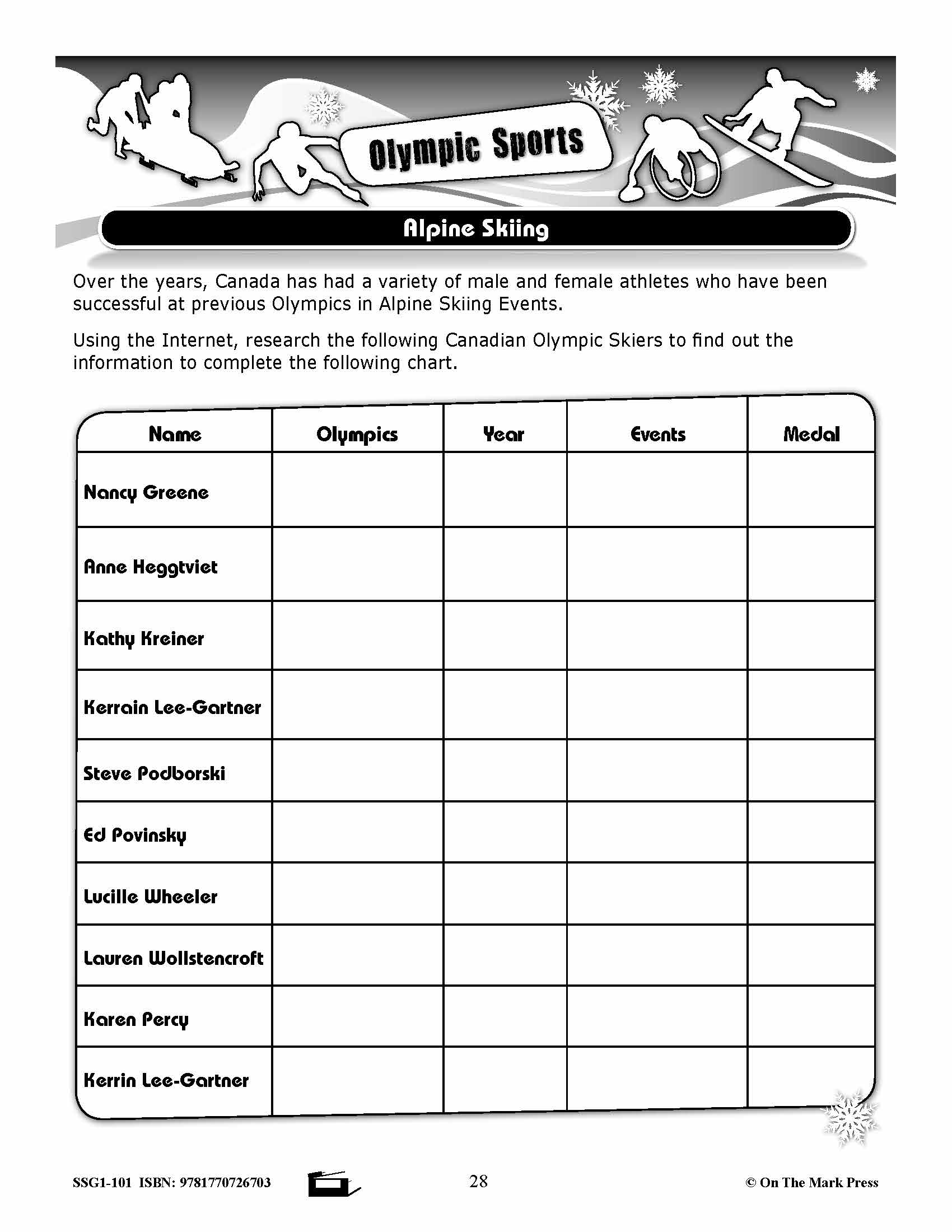 Alpine Skiing Gr. 4-8 Information and Follow-Up Worksheets
