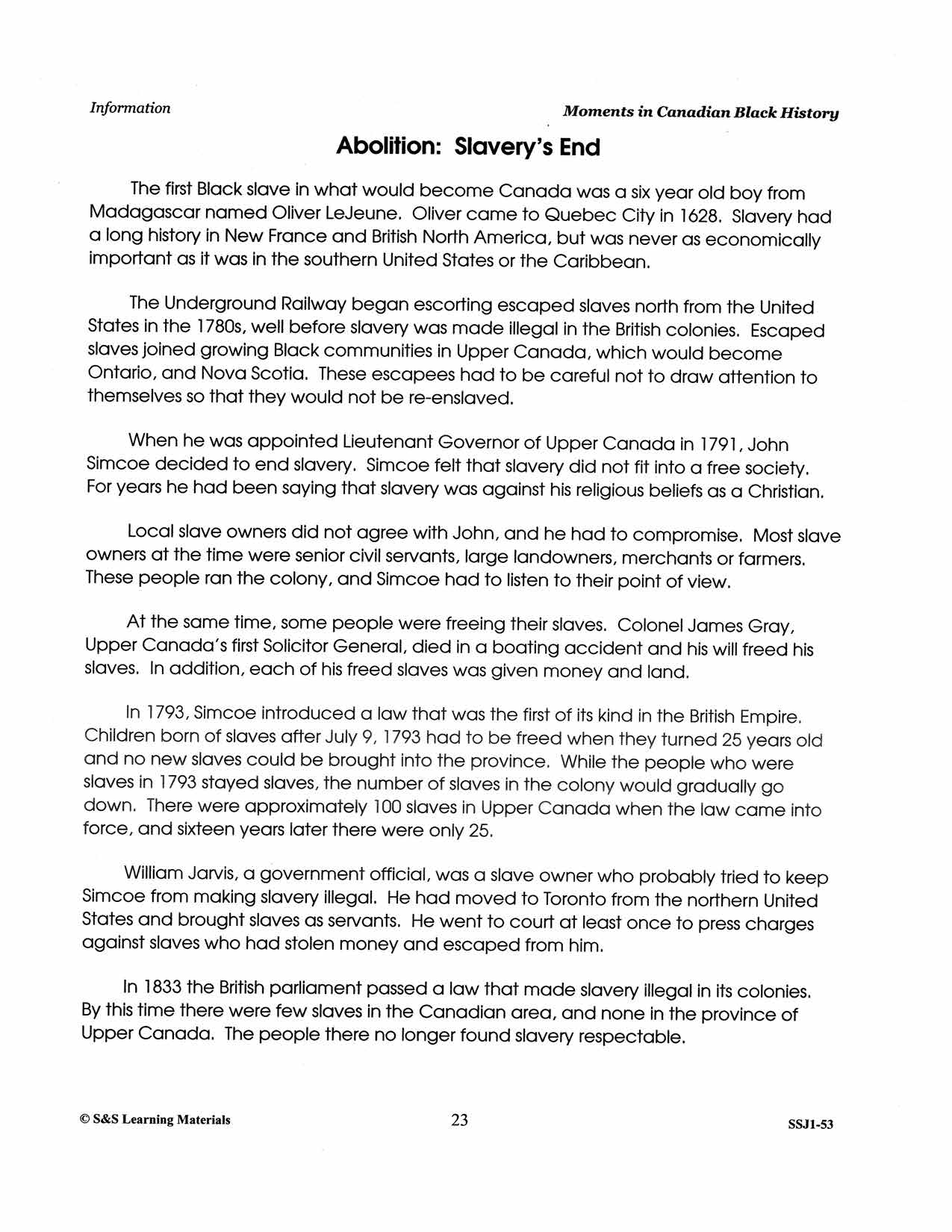 Abolition: Slavery's End- Canadian Black History Worksheet Gr 4-8