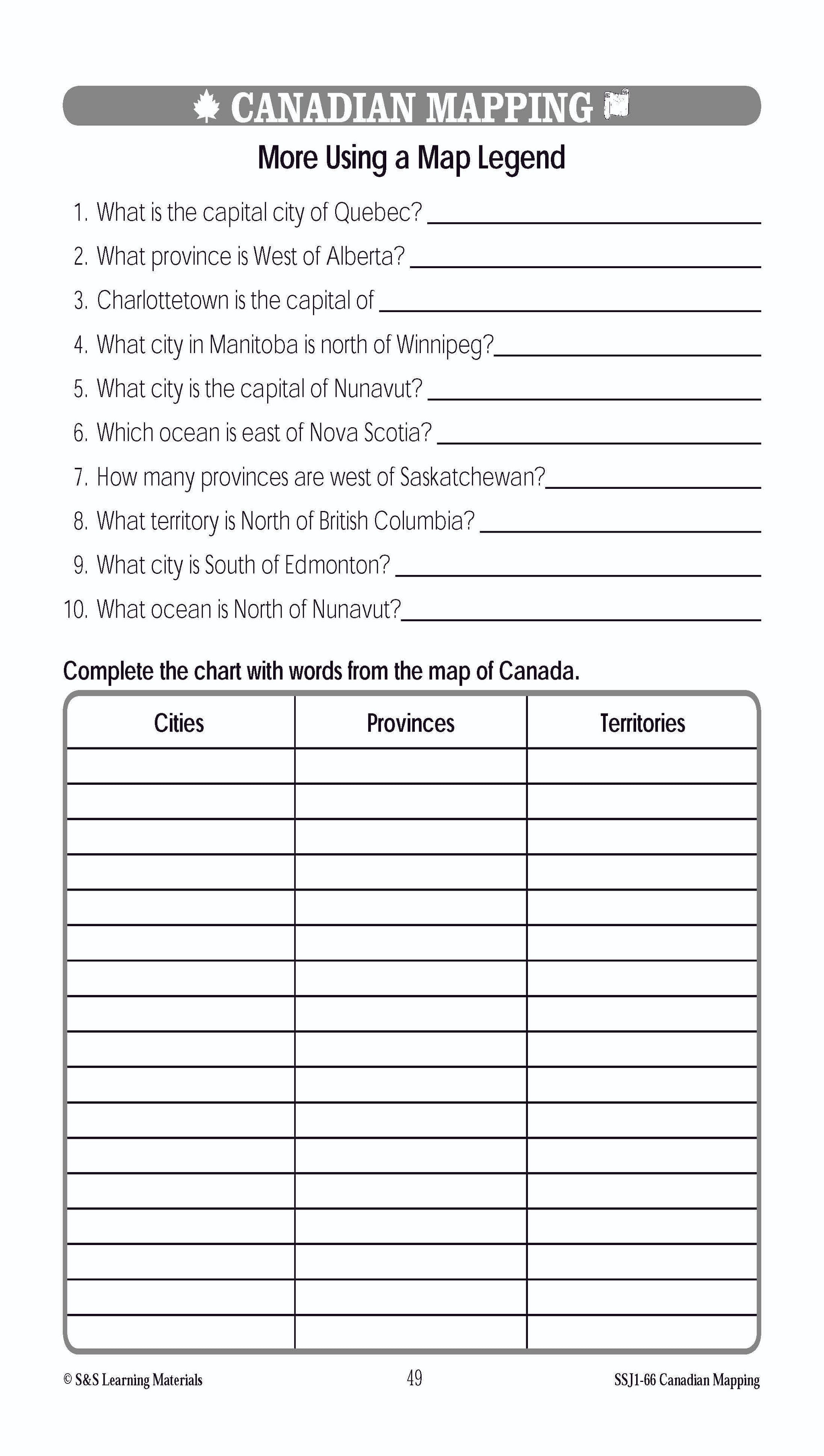 Canada Maps & Map Features Worksheets Grades 1-2