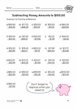 Adding & Subtracting Canadian Money Amounts up to $100 Grade 4 - 4 Worksheets