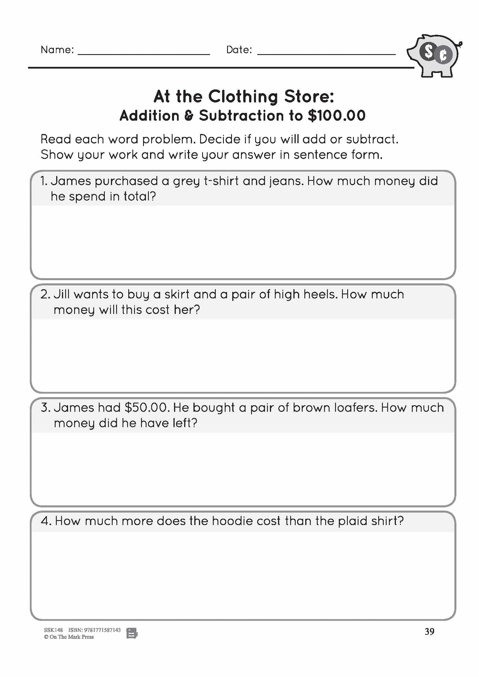 Adding & Subtracting Canadian Money Amounts up to $100 Grade 4 - 4 Worksheets
