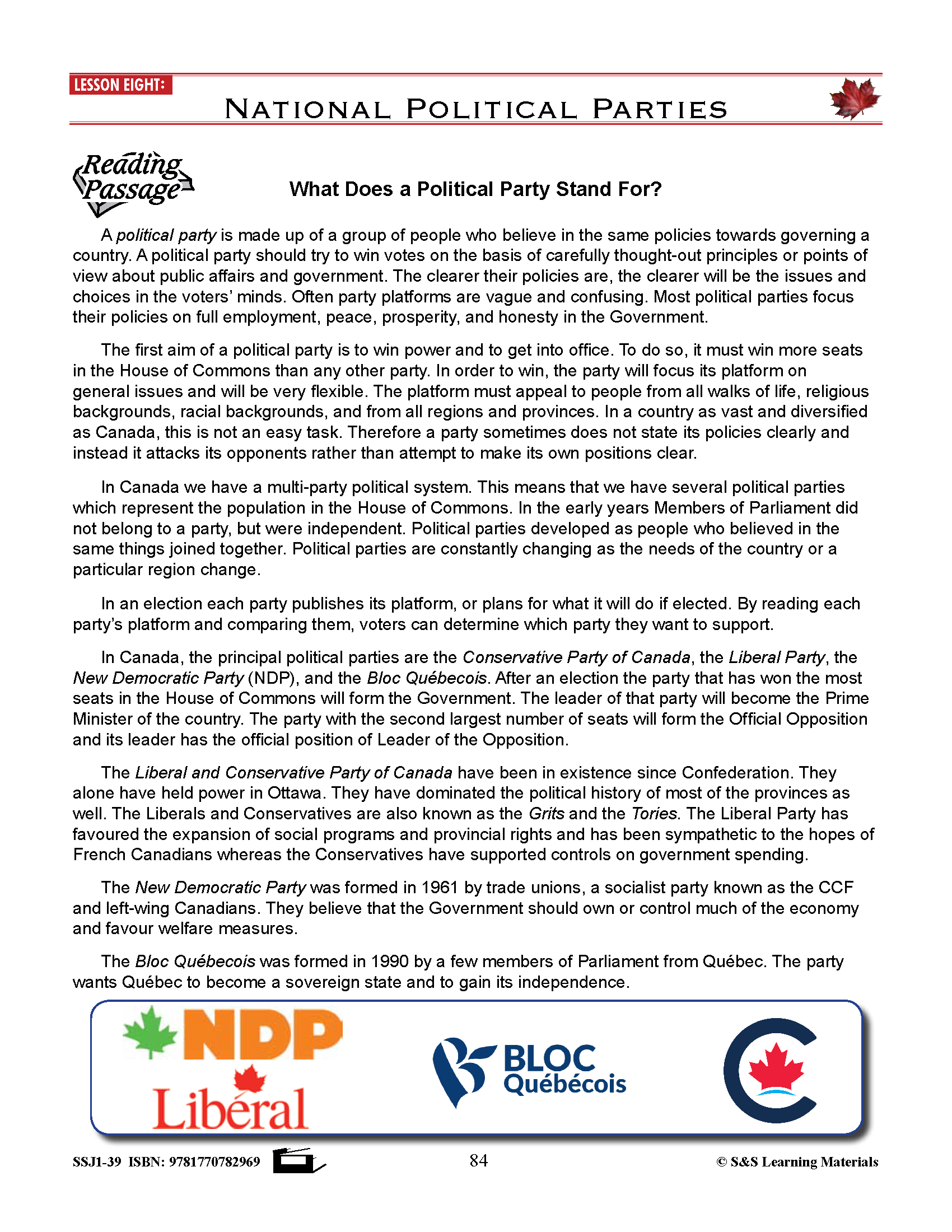 Canadian Government Lesson: National Political Parties Grades 5+