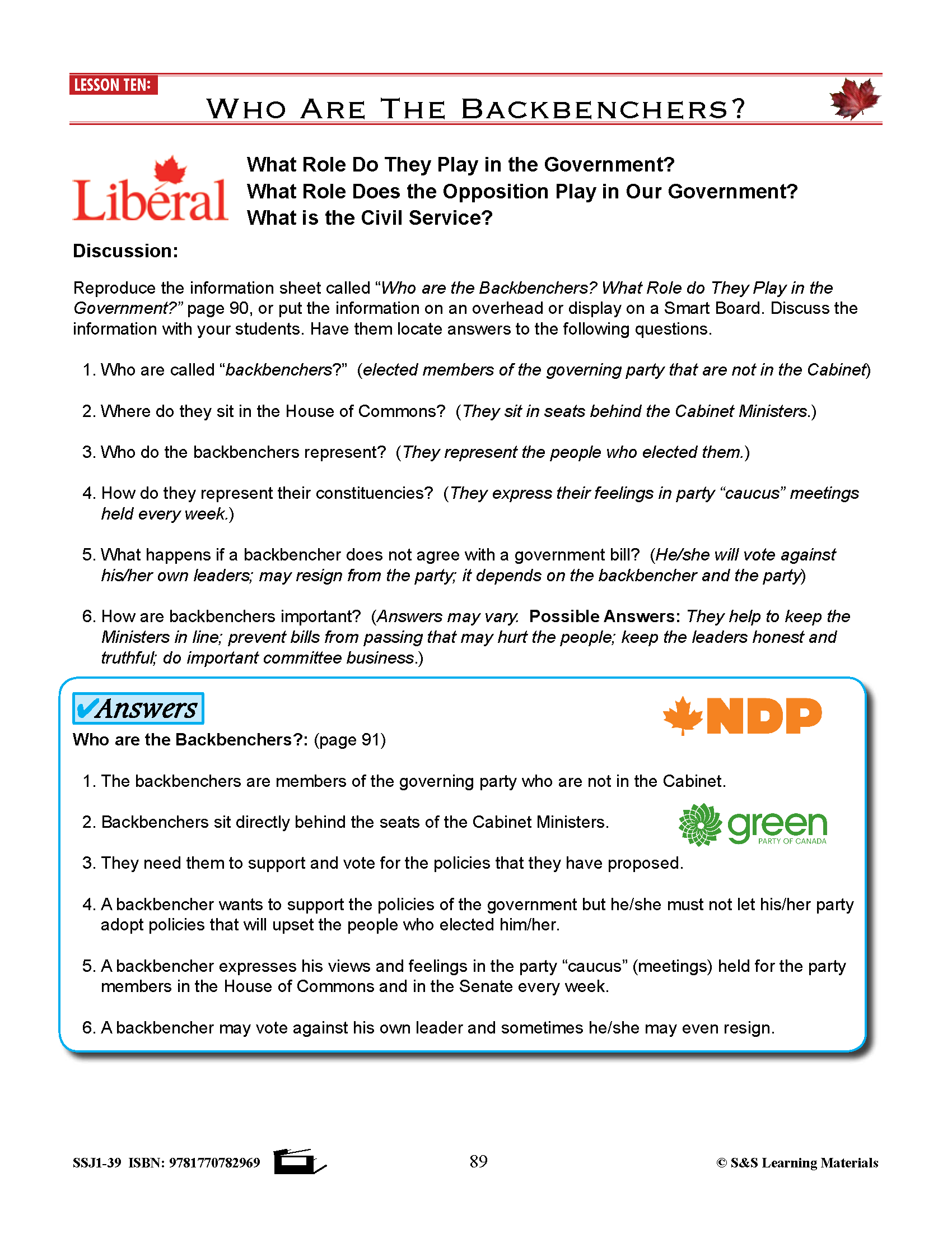 Canadian Government Lesson: Who are the Backbenchers? Grades 5+