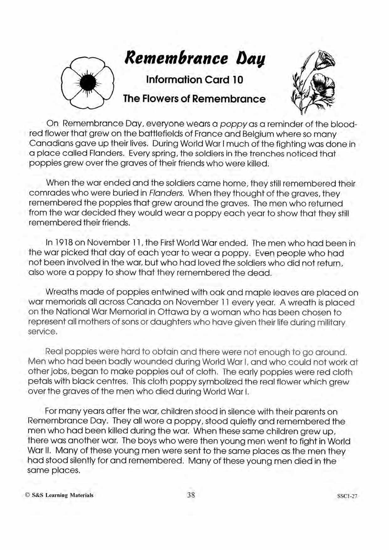The Flowers of Remembrance Activity Gr. 4-6