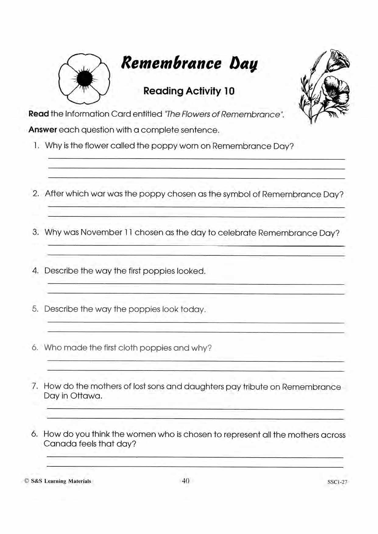 The Flowers of Remembrance Activity Gr. 4-6