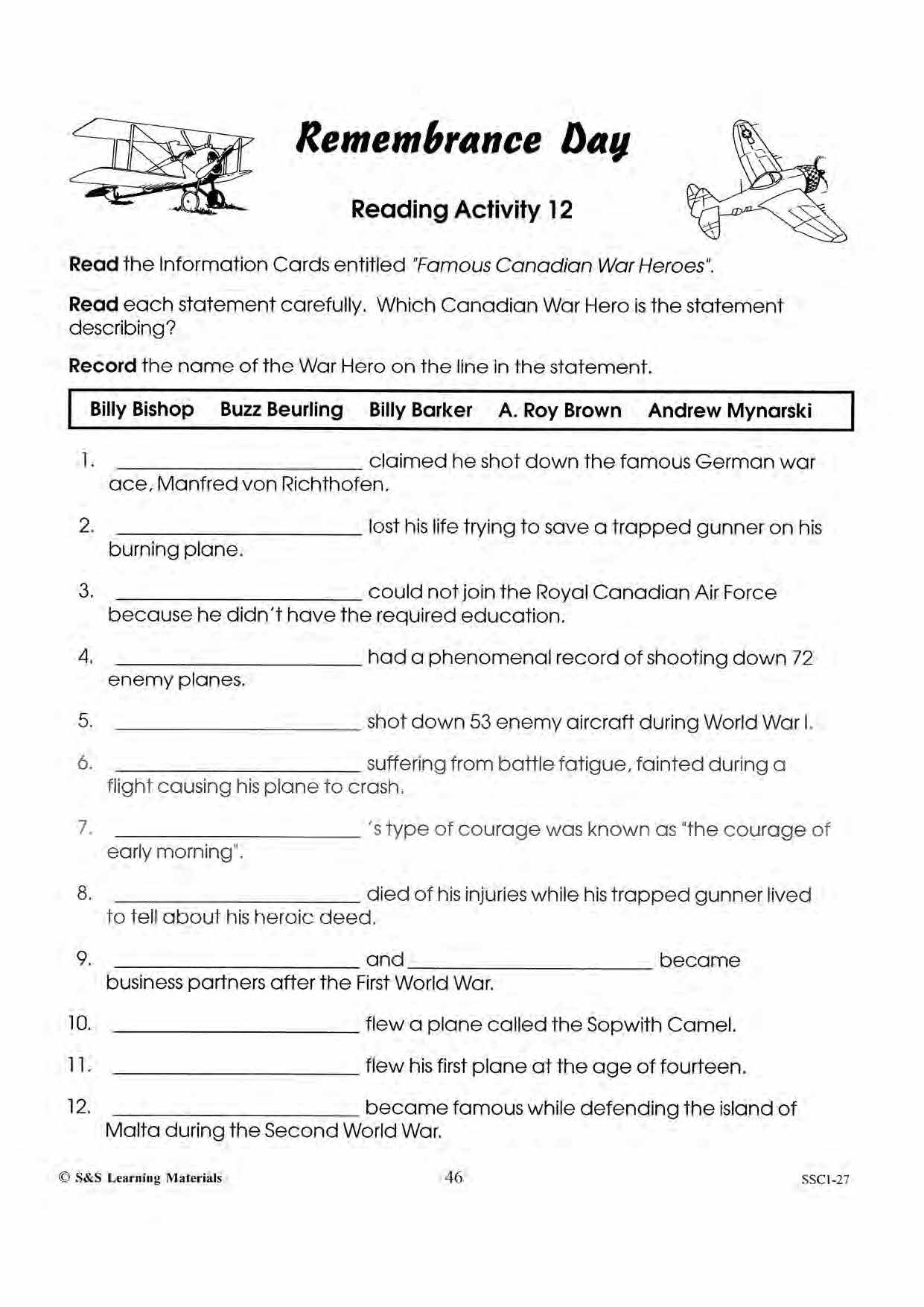 Famous Canadian War Heros from the First & Second World War Gr. 4-6