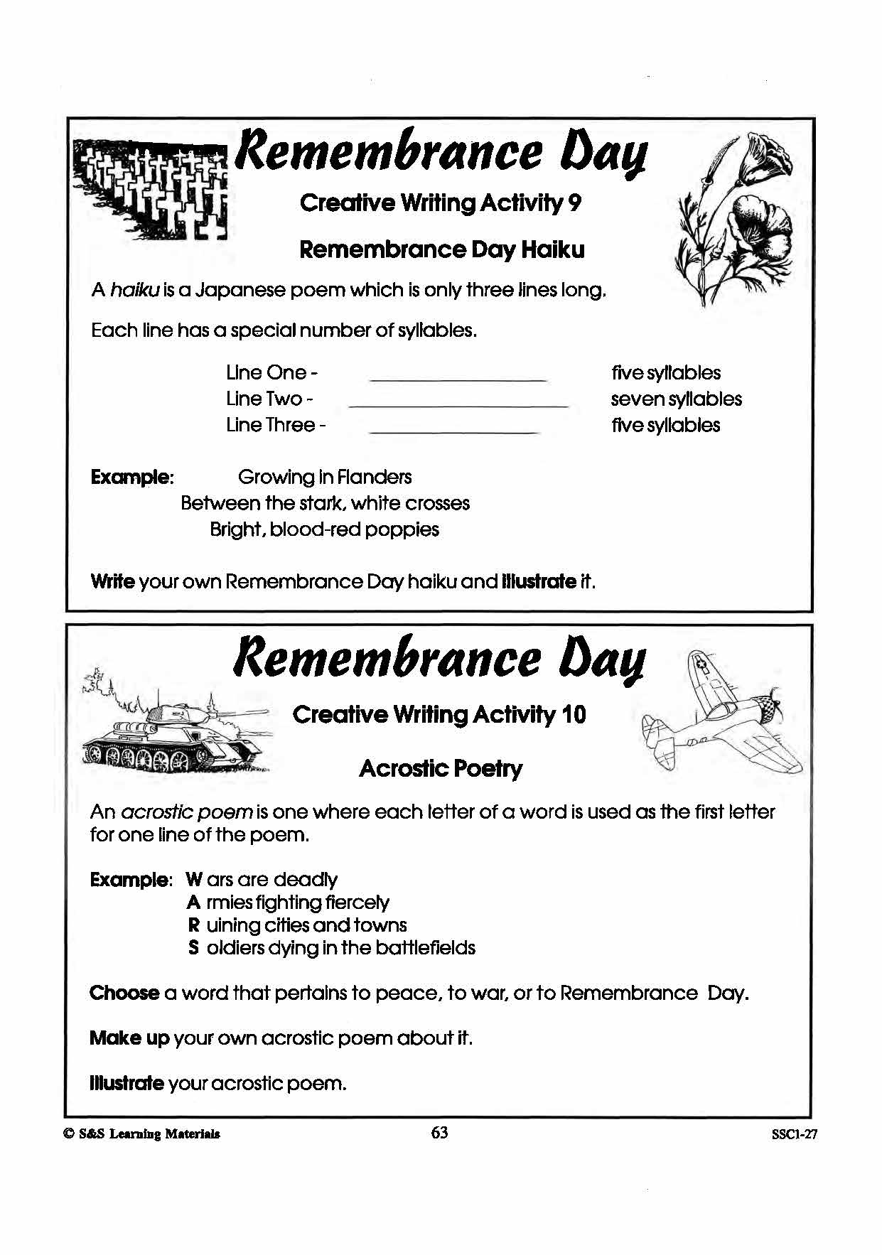 Remembrance Day Creative Writing Activities Gr. 4-6