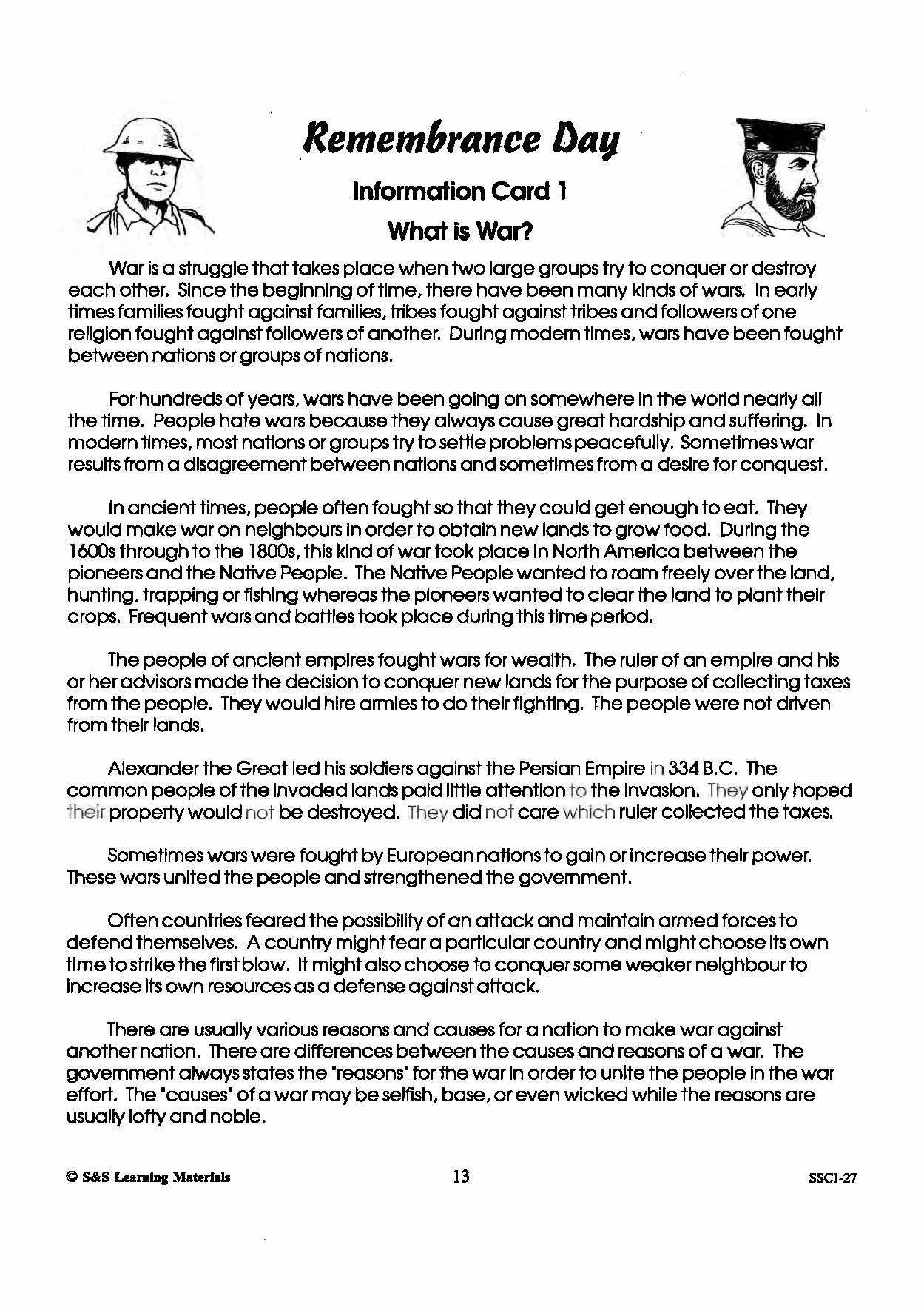 What Is War? Remembrance Day Reading Activity Grades 4-8