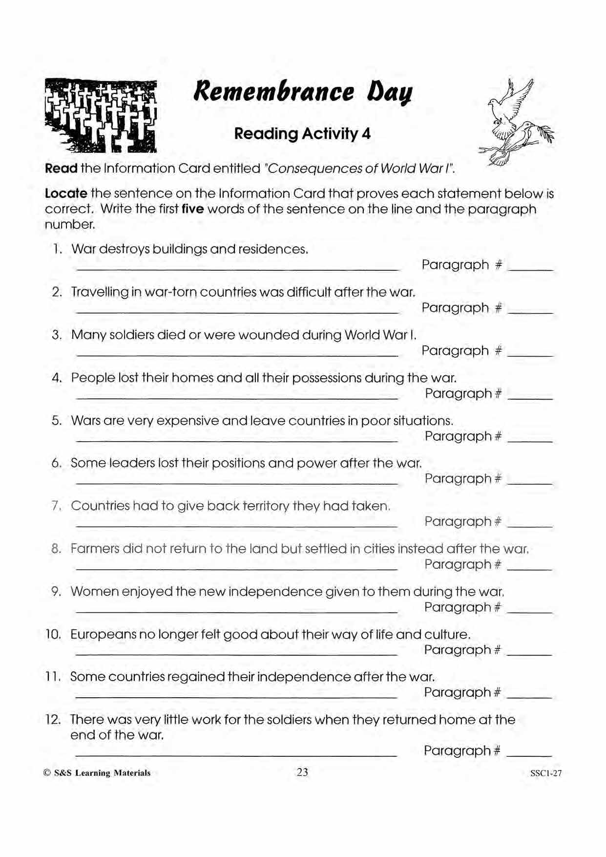 World War I: Important Dates, Fighting Condition & Consequences Reading Activity Grades 4-6