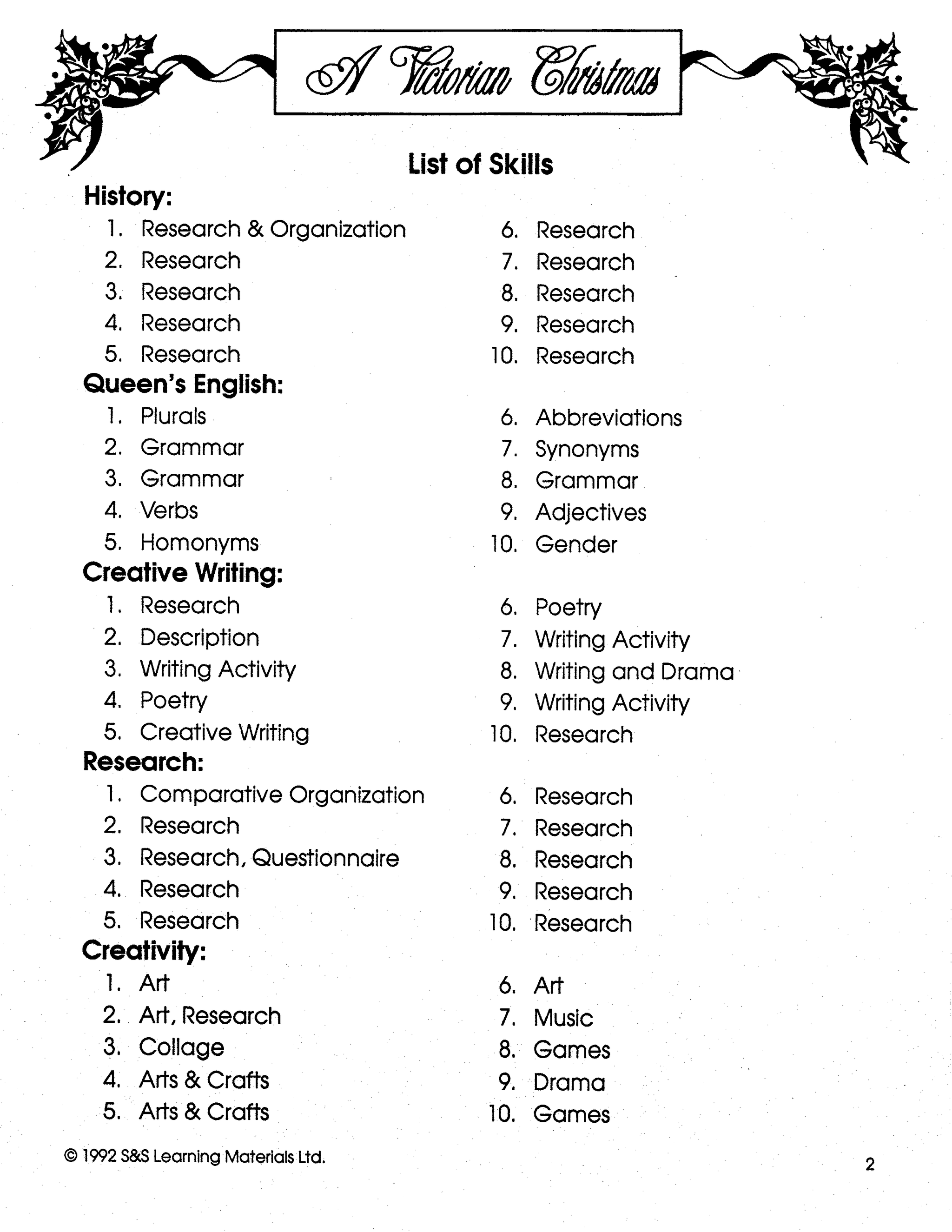 A Victorian Christmas Theme Grades 5-8