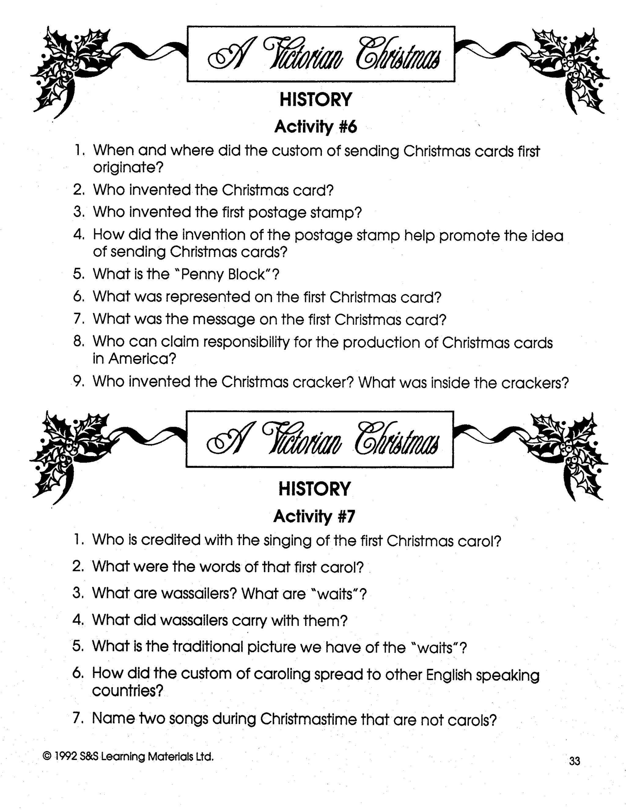 A Victorian Christmas Theme Grades 5-8