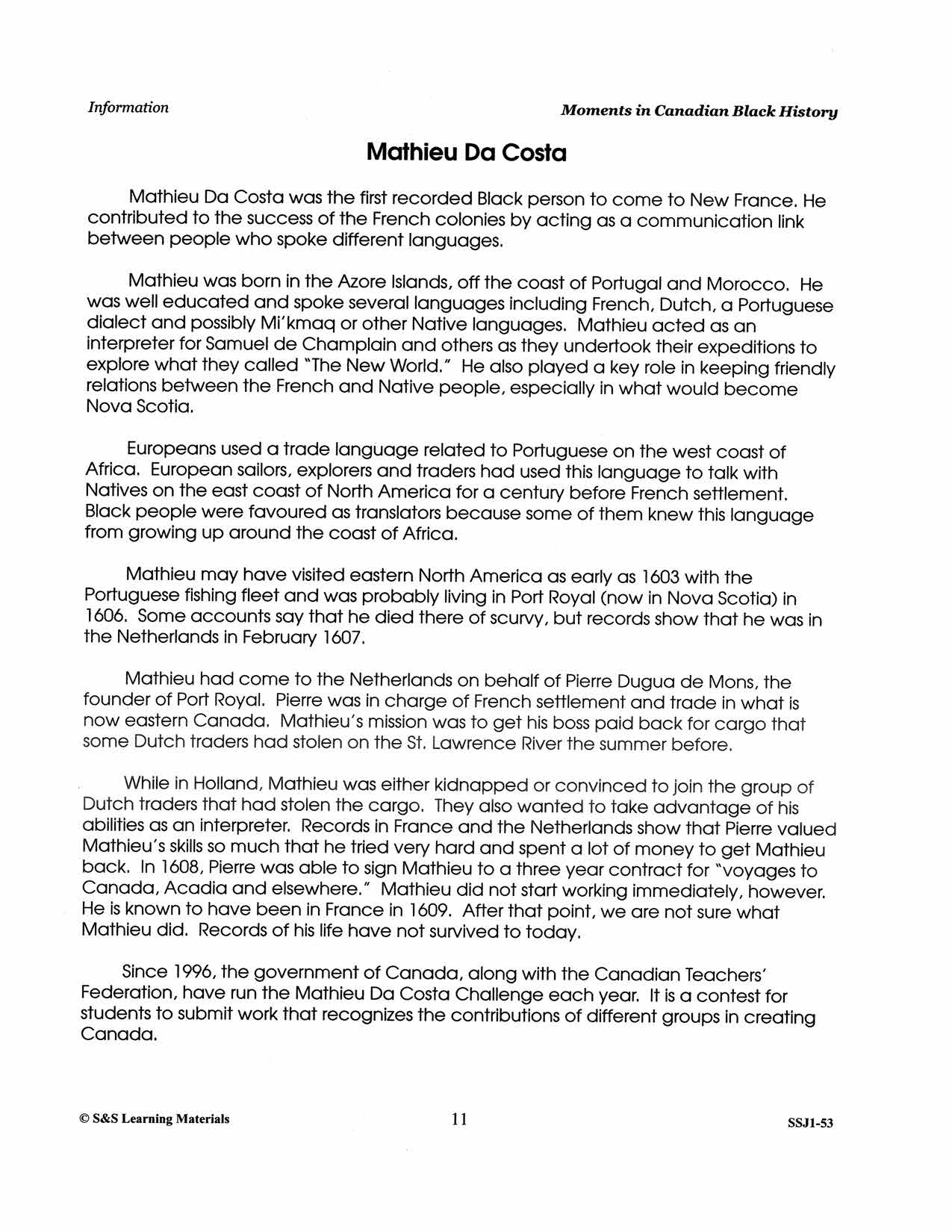 Mathieu Da Costa: Canada's First Black Person Worksheet Grades 4-8