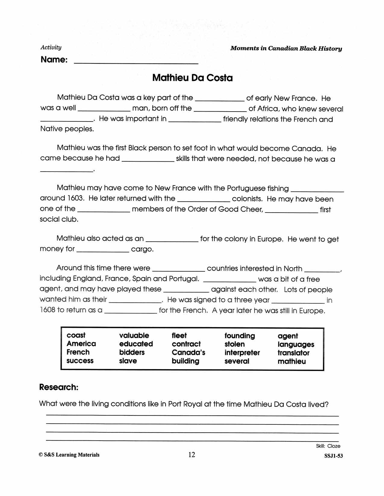 Mathieu Da Costa: Canada's First Black Person Worksheet Grades 4-8