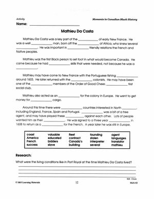 Mathieu Da Costa: Canada's First Black Person Worksheet Grades 4-8