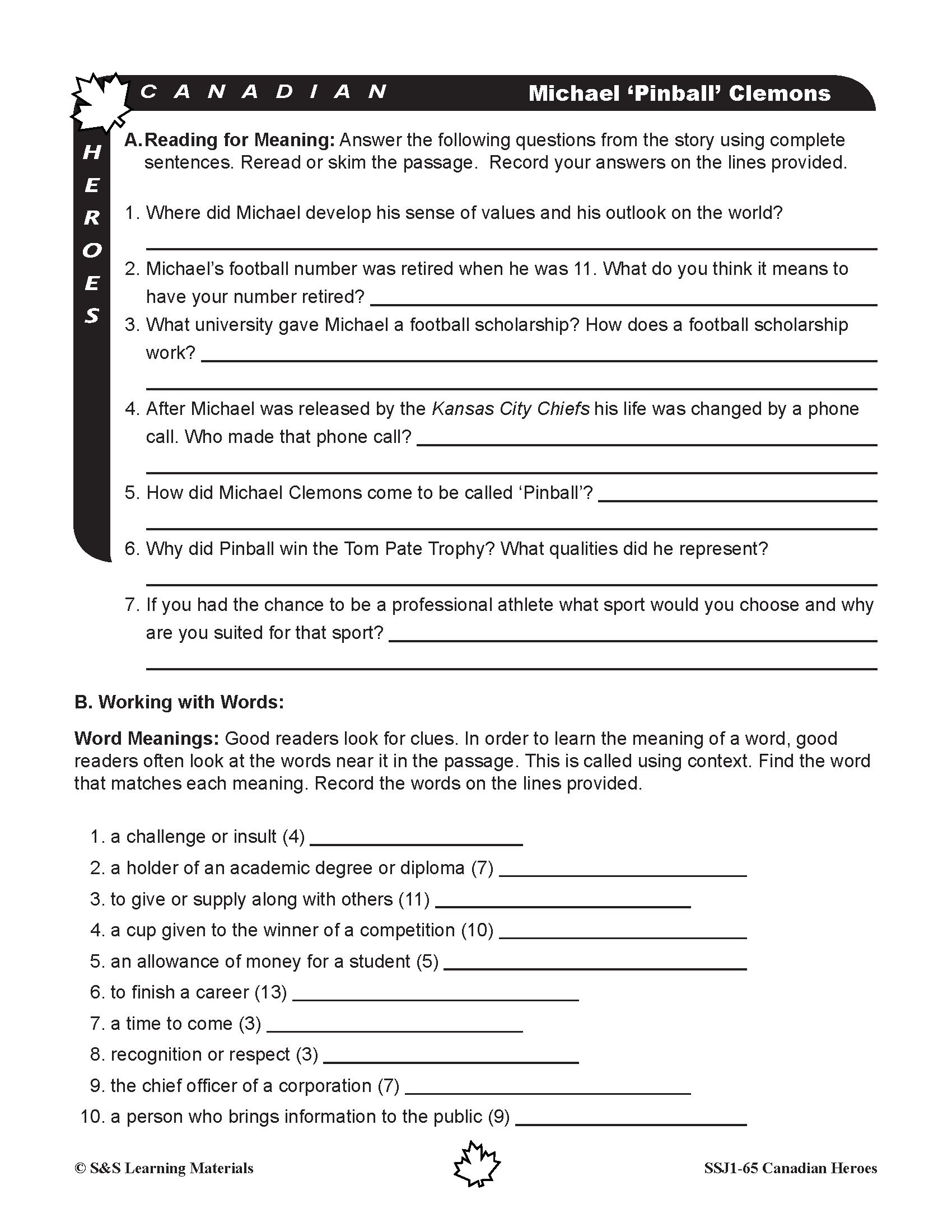 Michael "Pinball" Clemons - Football Player  Reading Lesson Grades 5-8