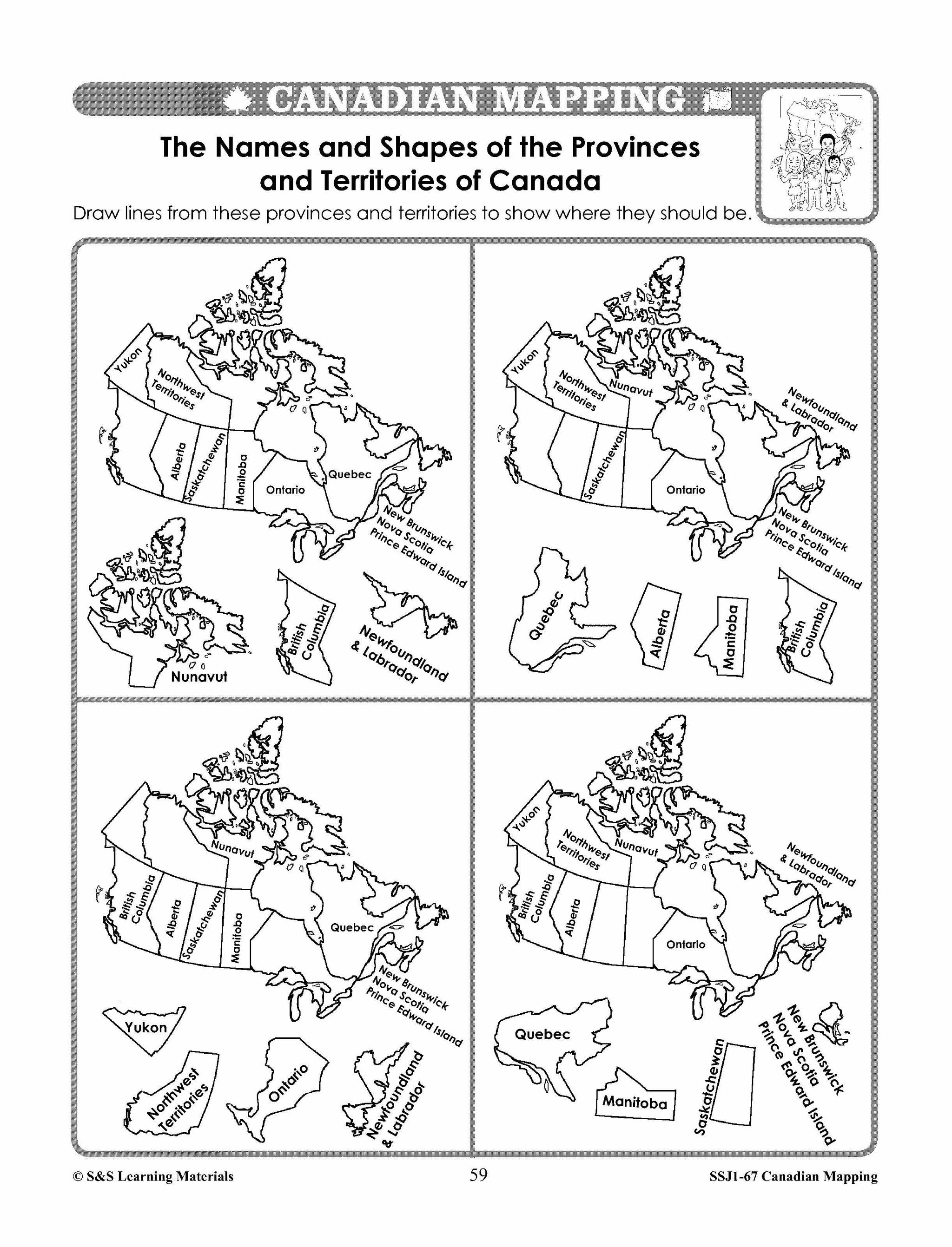 Canada's Provinces & Territories Mapping Worksheets Grades 2-3