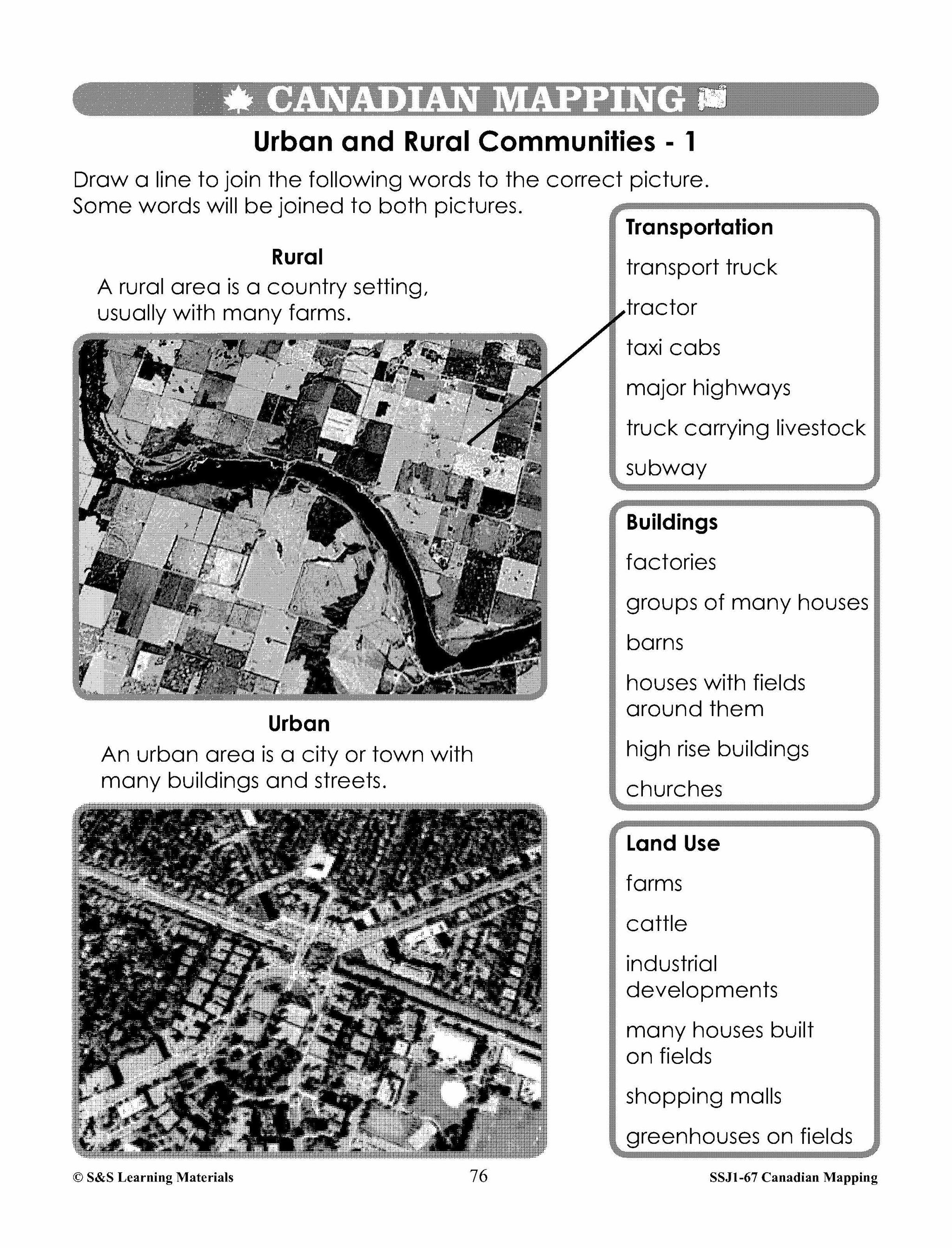 Canadian Communities - Urban & Rural  Mapping Worksheets Grades 2-3