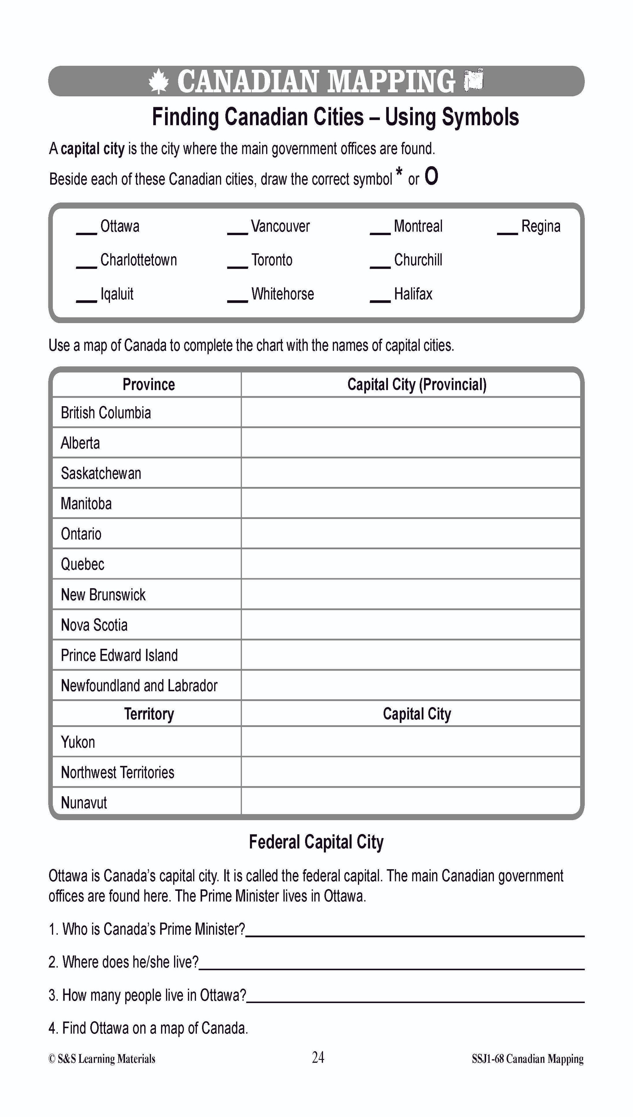 Locating Canada & Mapping Skills Worksheets Grades 4-5