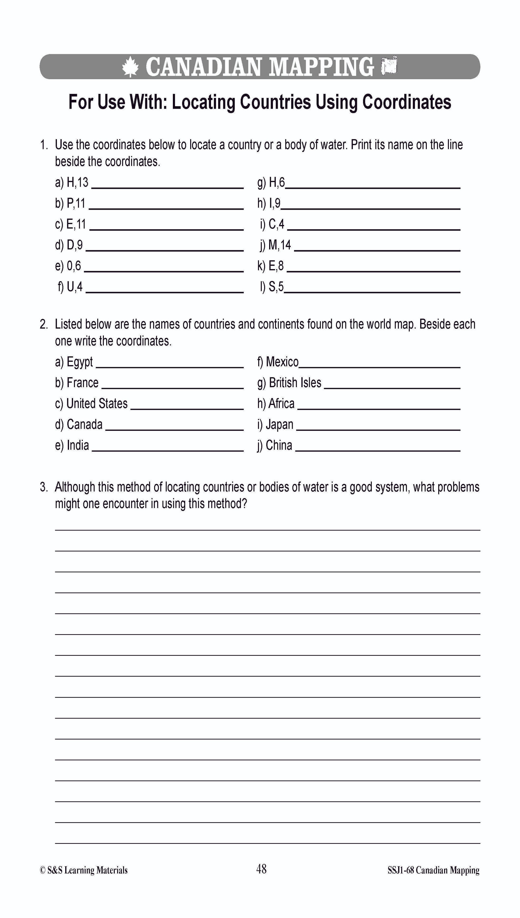 Locating Canada & Mapping Skills Worksheets Grades 4-5