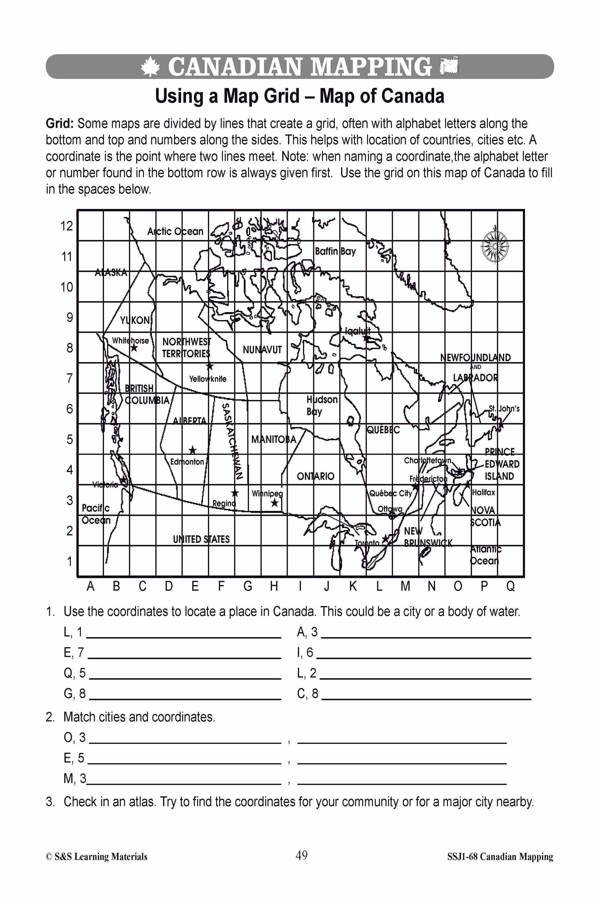 Locating Canada & Mapping Skills Worksheets Grades 4-5