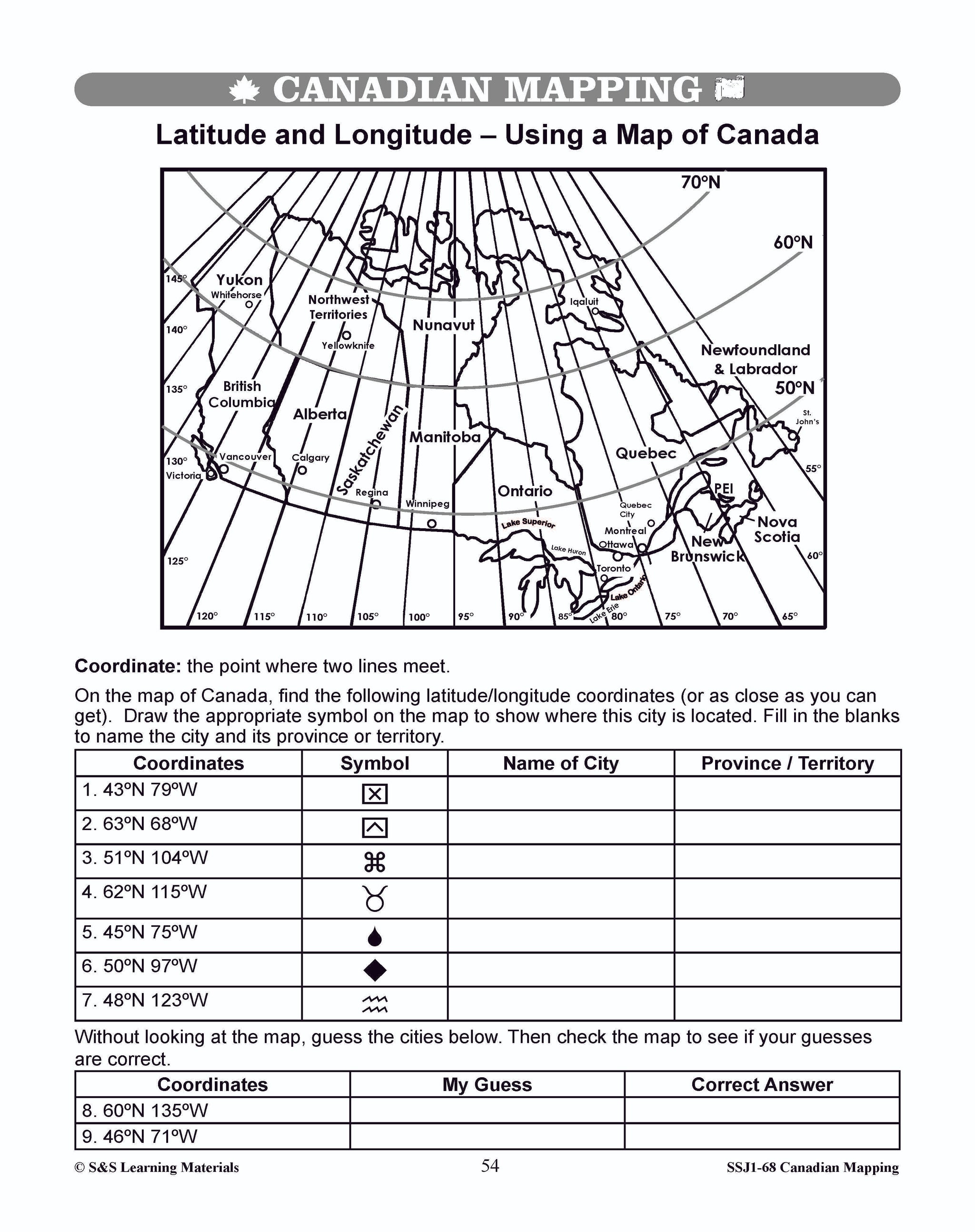 Locating Canada & Mapping Skills Worksheets Grades 4-5