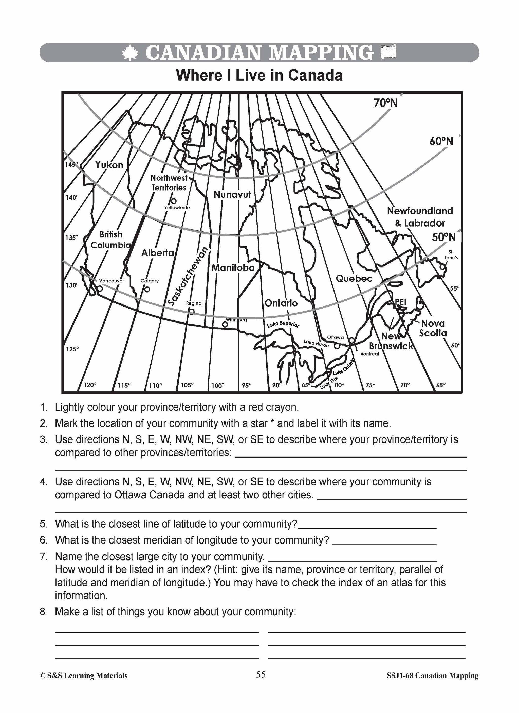 Locating Canada & Mapping Skills Worksheets Grades 4-5