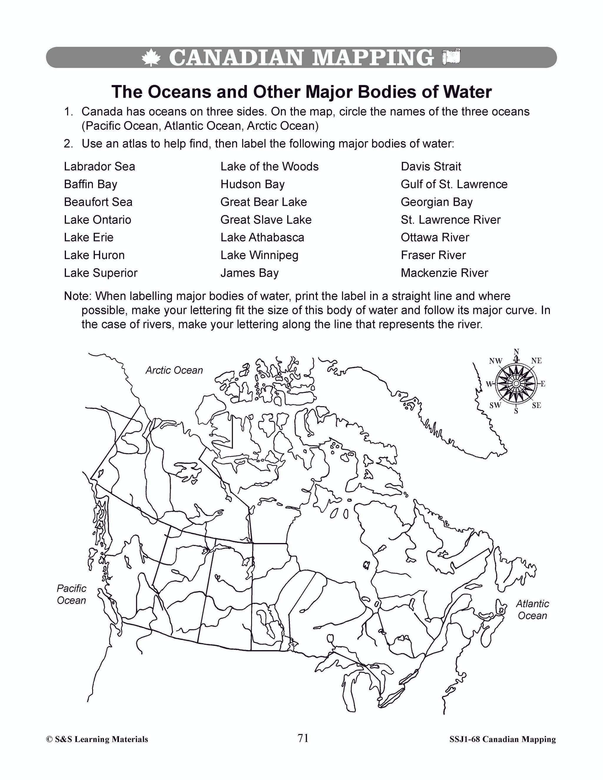 Major Bodies of Water in Canada Worksheets Grades 4-5