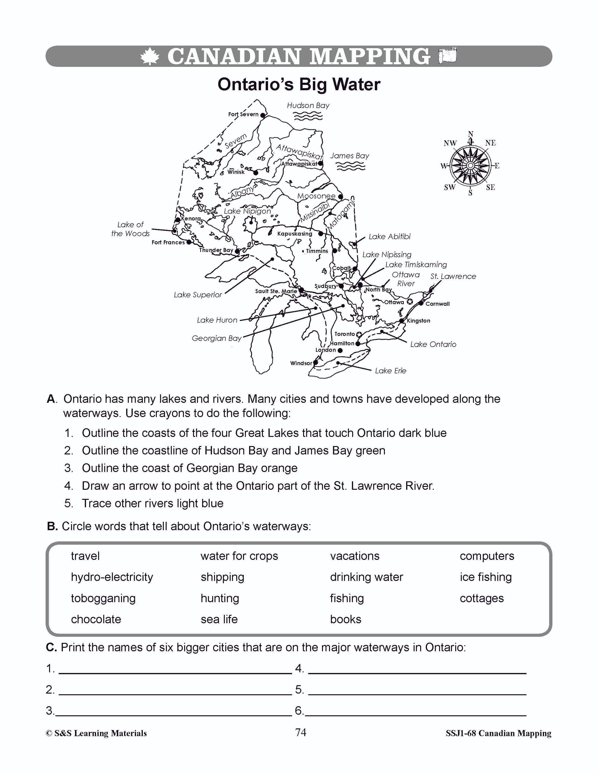 Major Bodies of Water in Canada Worksheets Grades 4-5