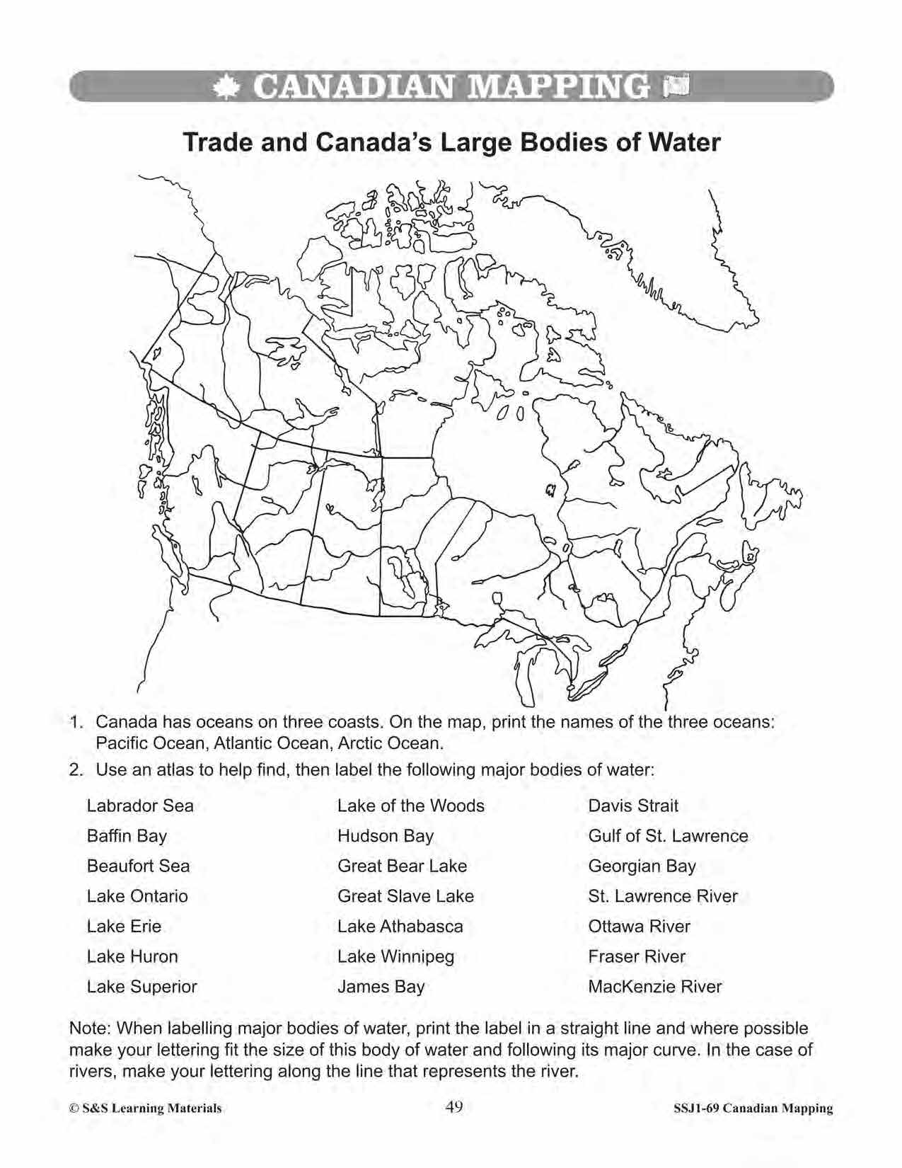 Canada's Large Bodies of Water & Climate Worksheets Grades 5-6