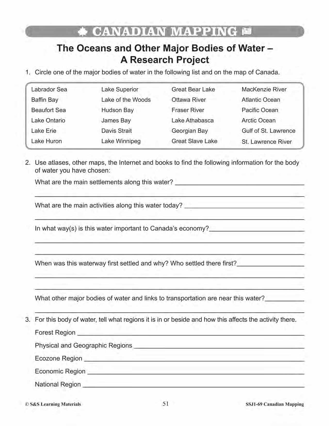 Canada's Large Bodies of Water & Climate Worksheets Grades 5-6