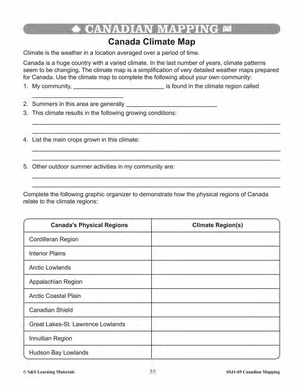 Canada's Large Bodies of Water & Climate Worksheets Grades 5-6