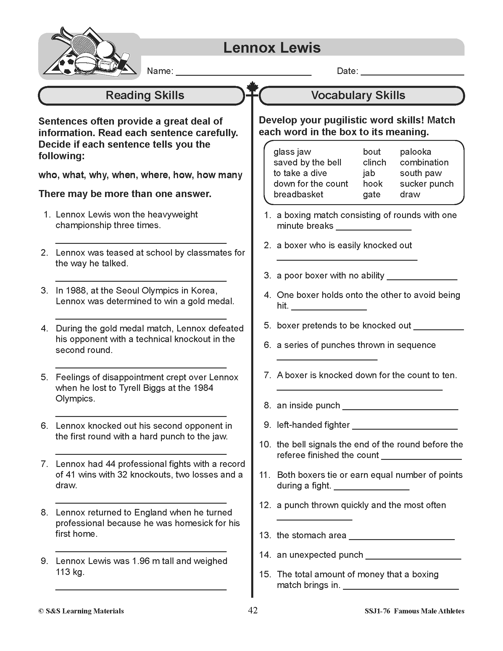 Lennox Lewis  - Heavy Weight Boxer Reading Lesson Grades 4-8