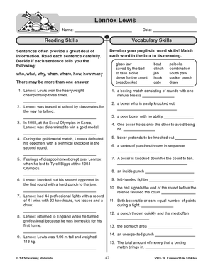 Lennox Lewis  - Heavy Weight Boxer Reading Lesson Grades 4-8
