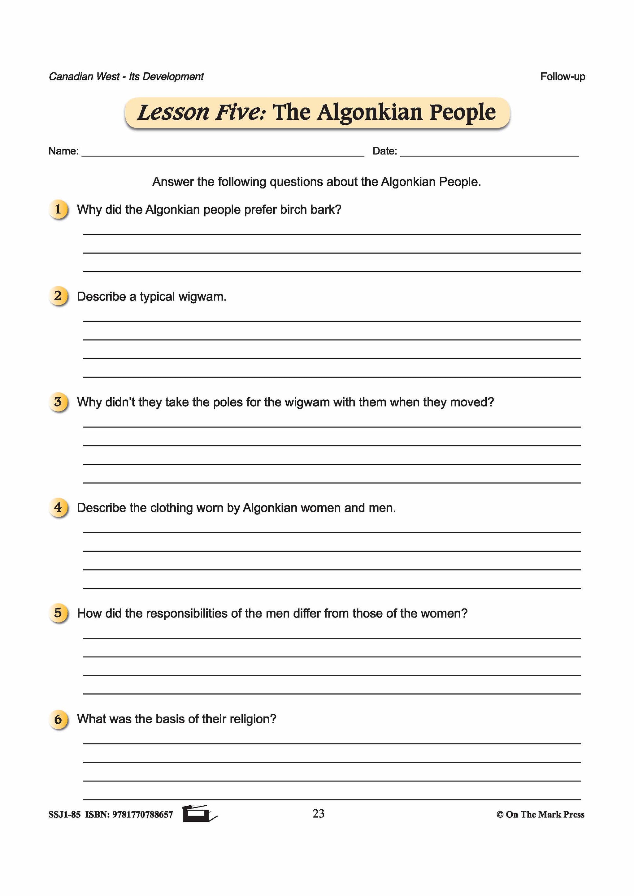 The Algonkian People Lesson Grades 7-8