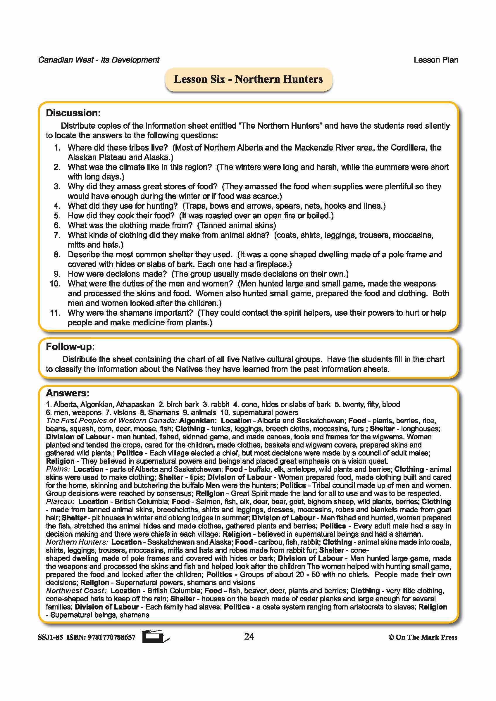 Northern Hunters Lesson Grades 7-8