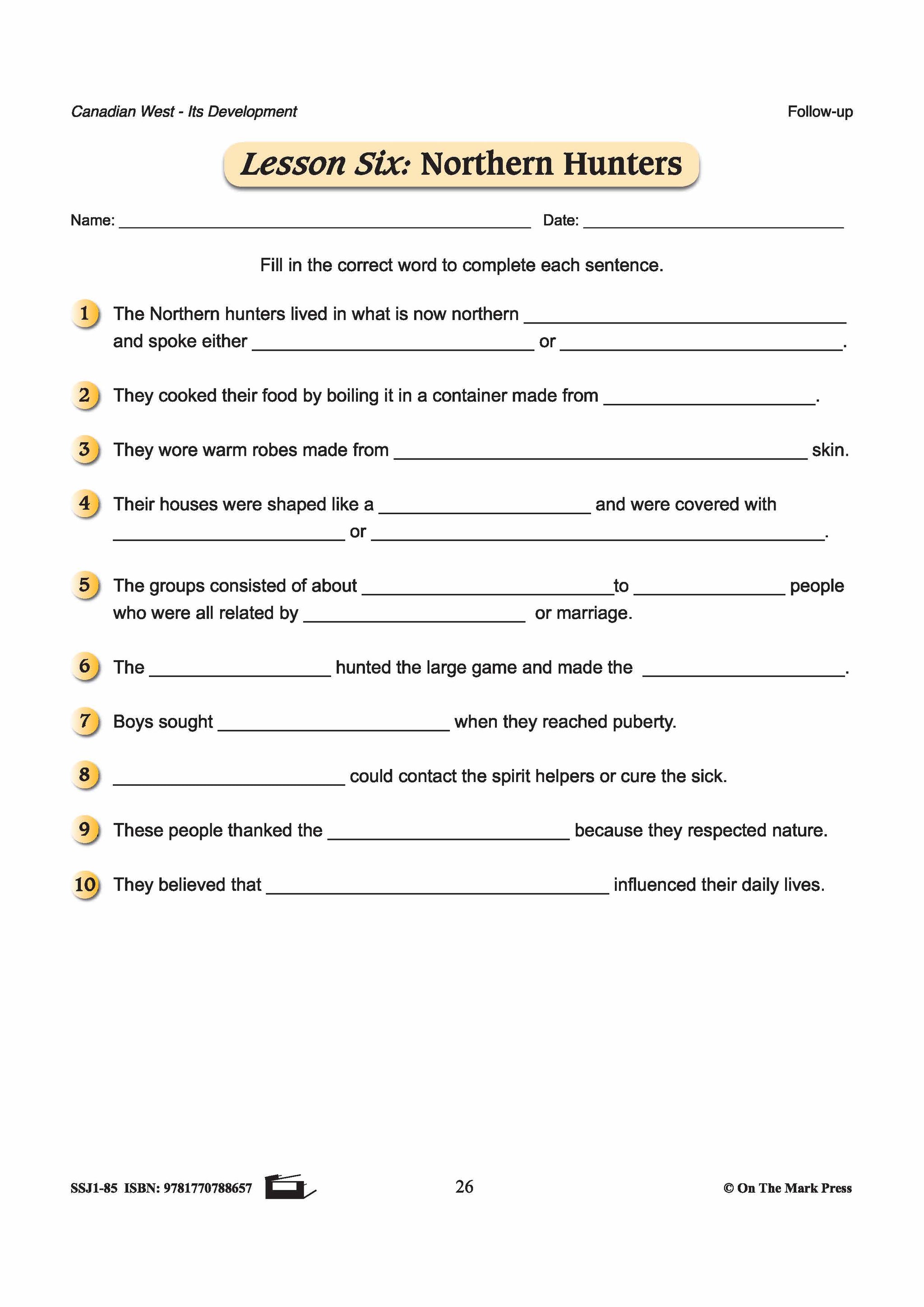 Northern Hunters Lesson Grades 7-8