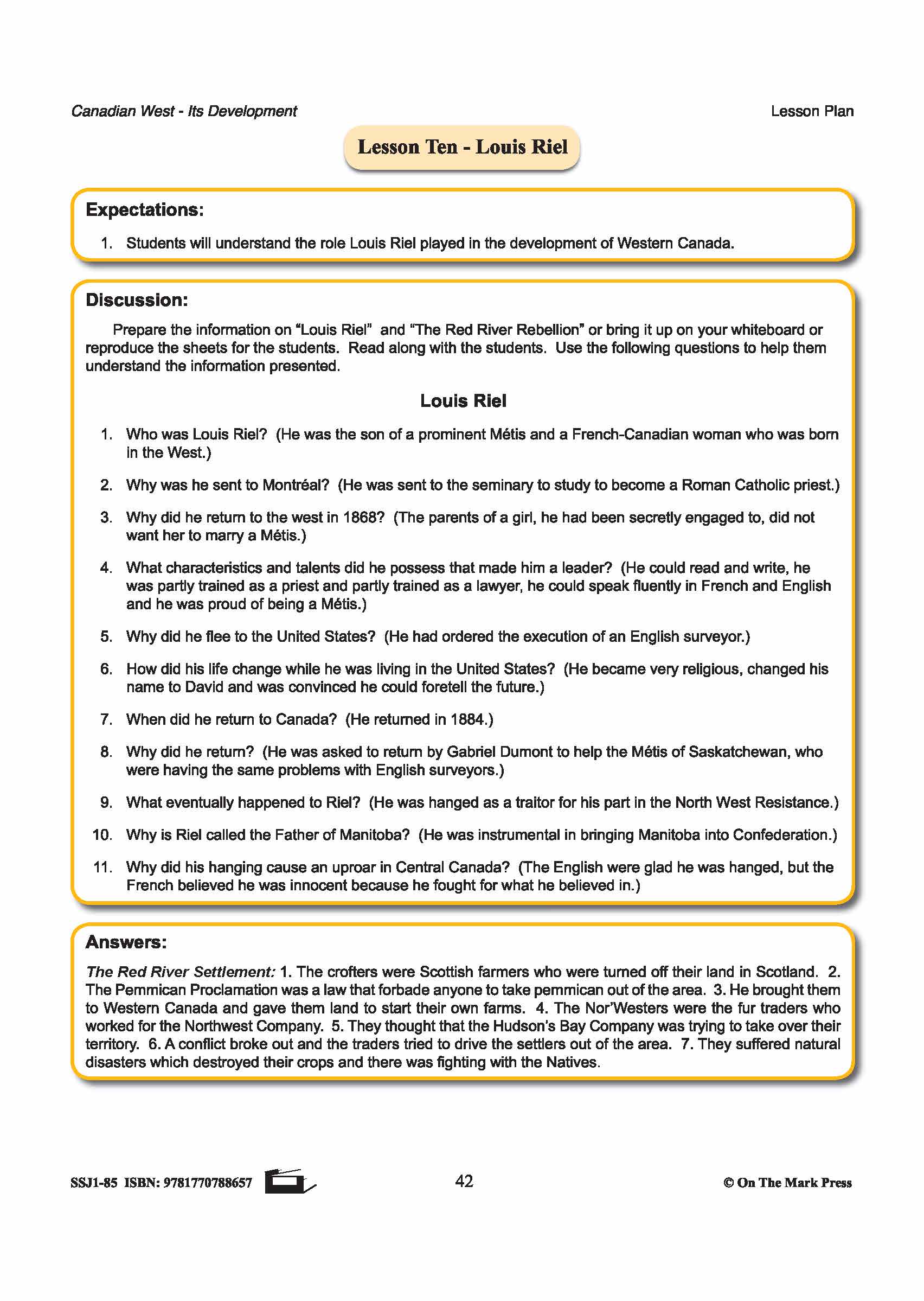 Louis Riel Lesson Plan Grades 7-8