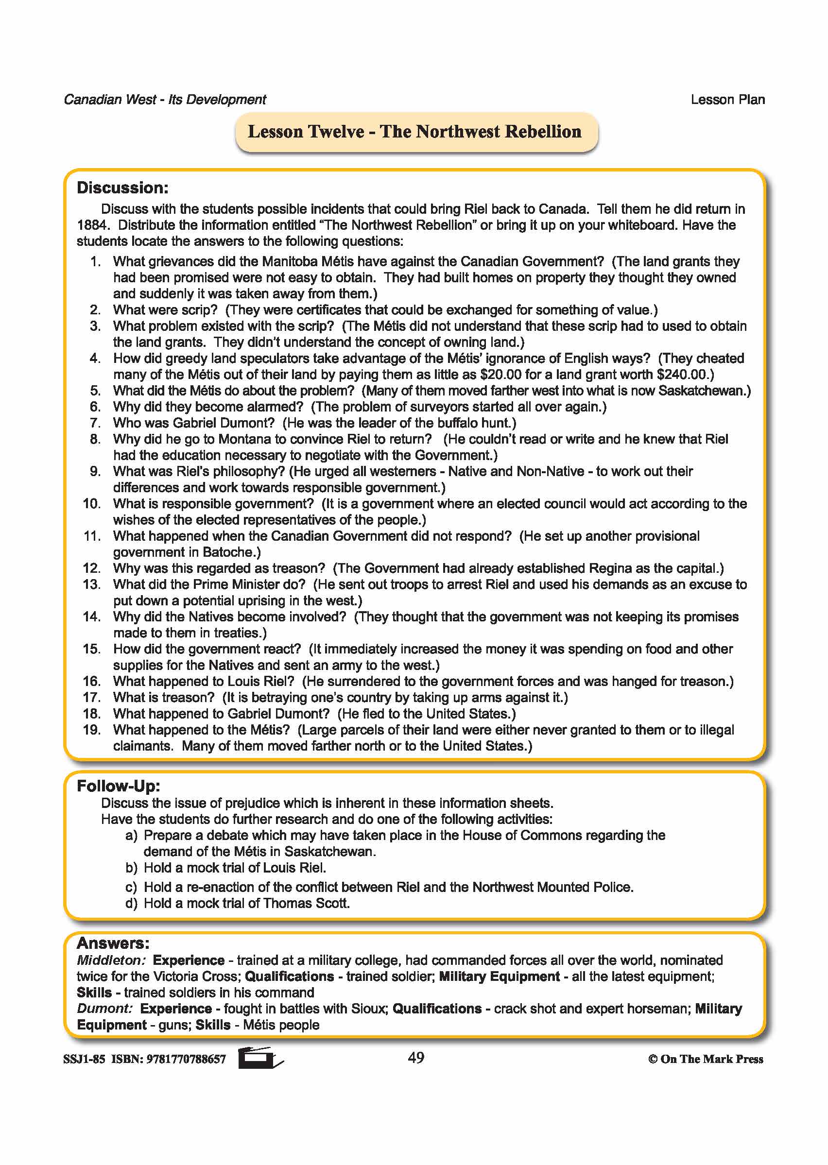 Personalities of the Northwest Rebellion Lesson Grades 7-8
