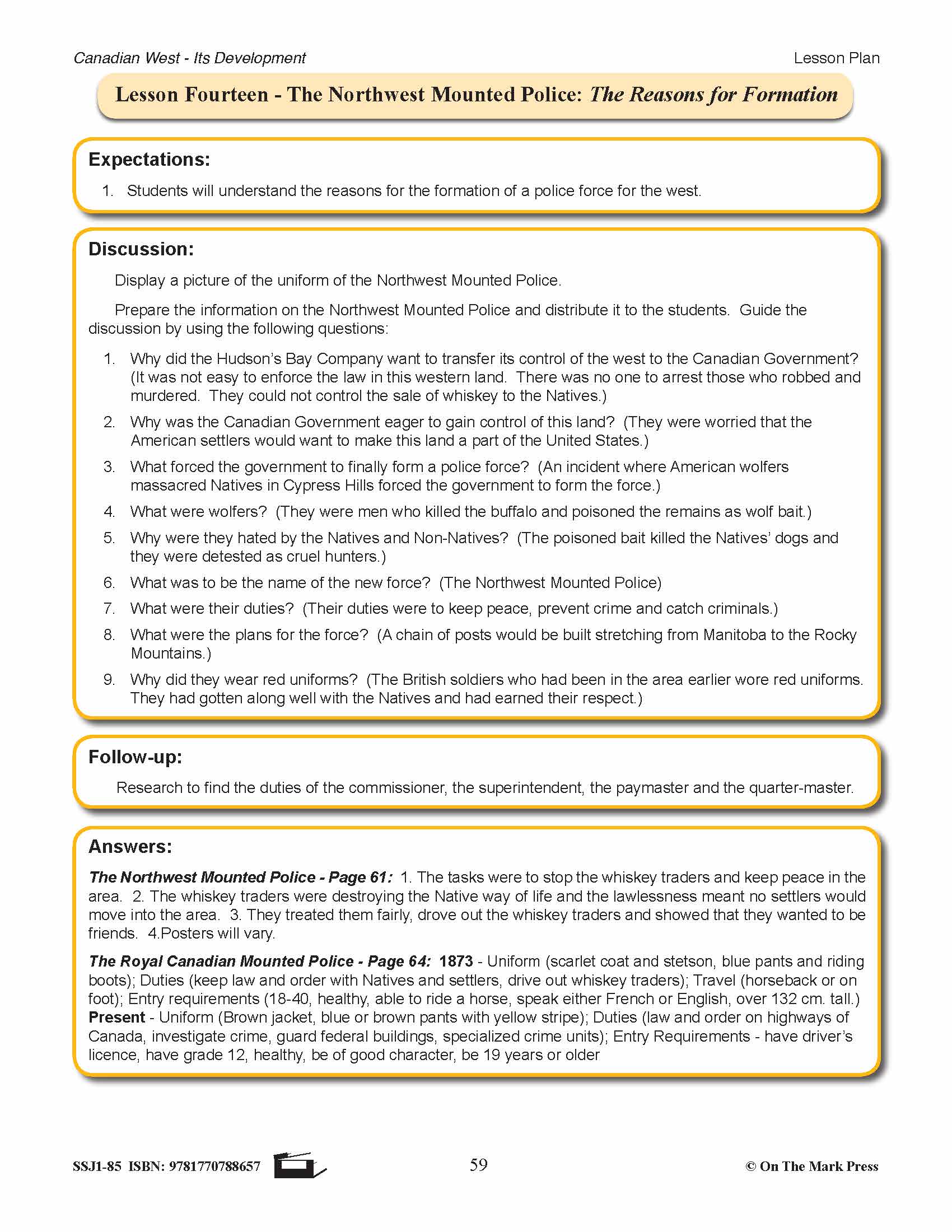 The Northwest Mounted Police Lesson Grades 7-8