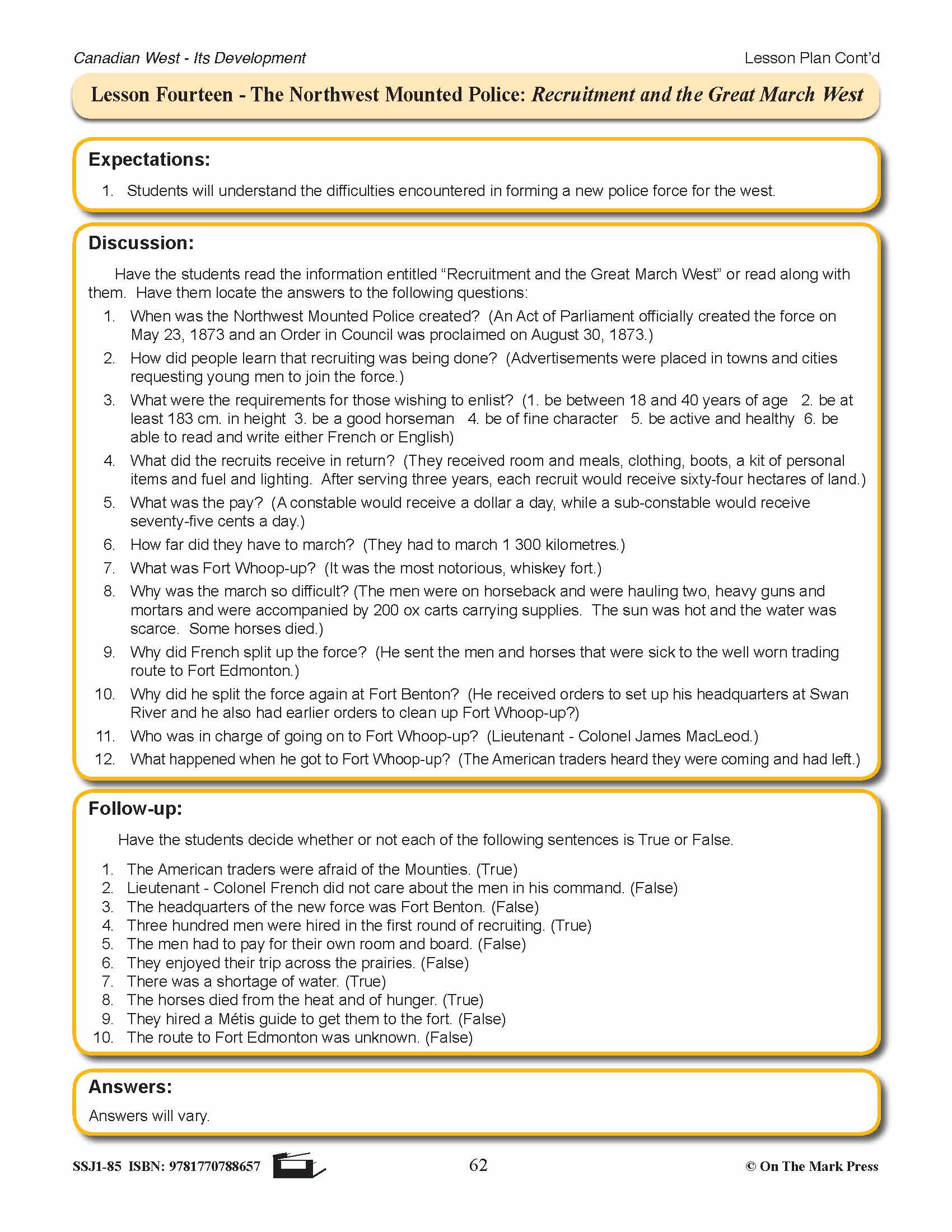 The Northwest Mounted Police Lesson Grades 7-8