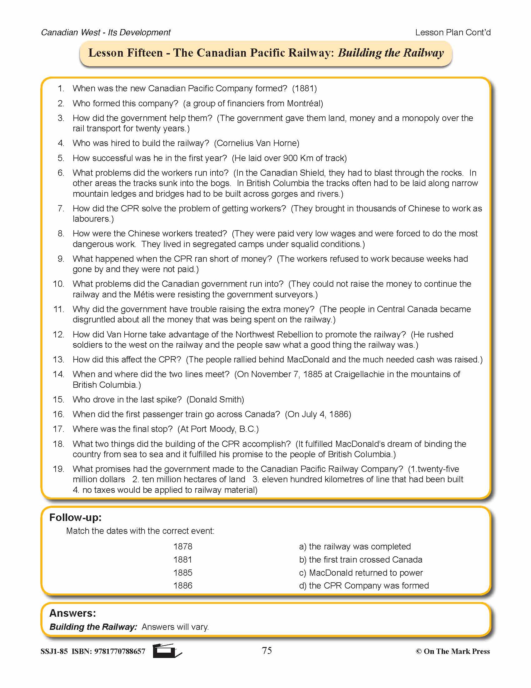 The Canadian Pacific Railway Lesson Grades 7-8