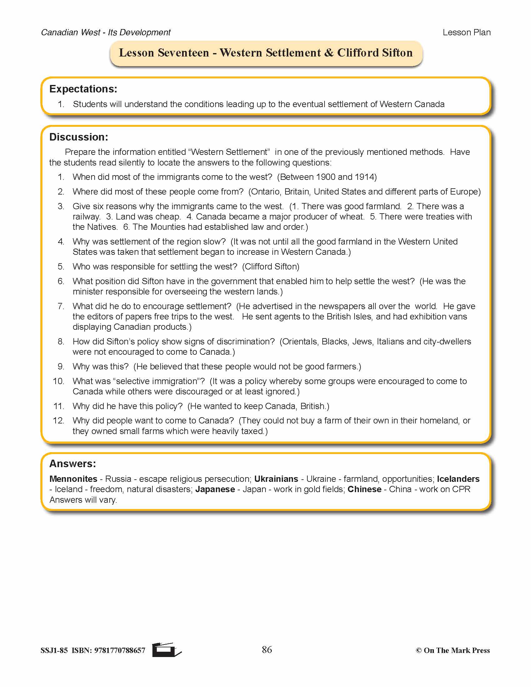 Western Settlement & Clifford Sifton Lesson Grades 7-8