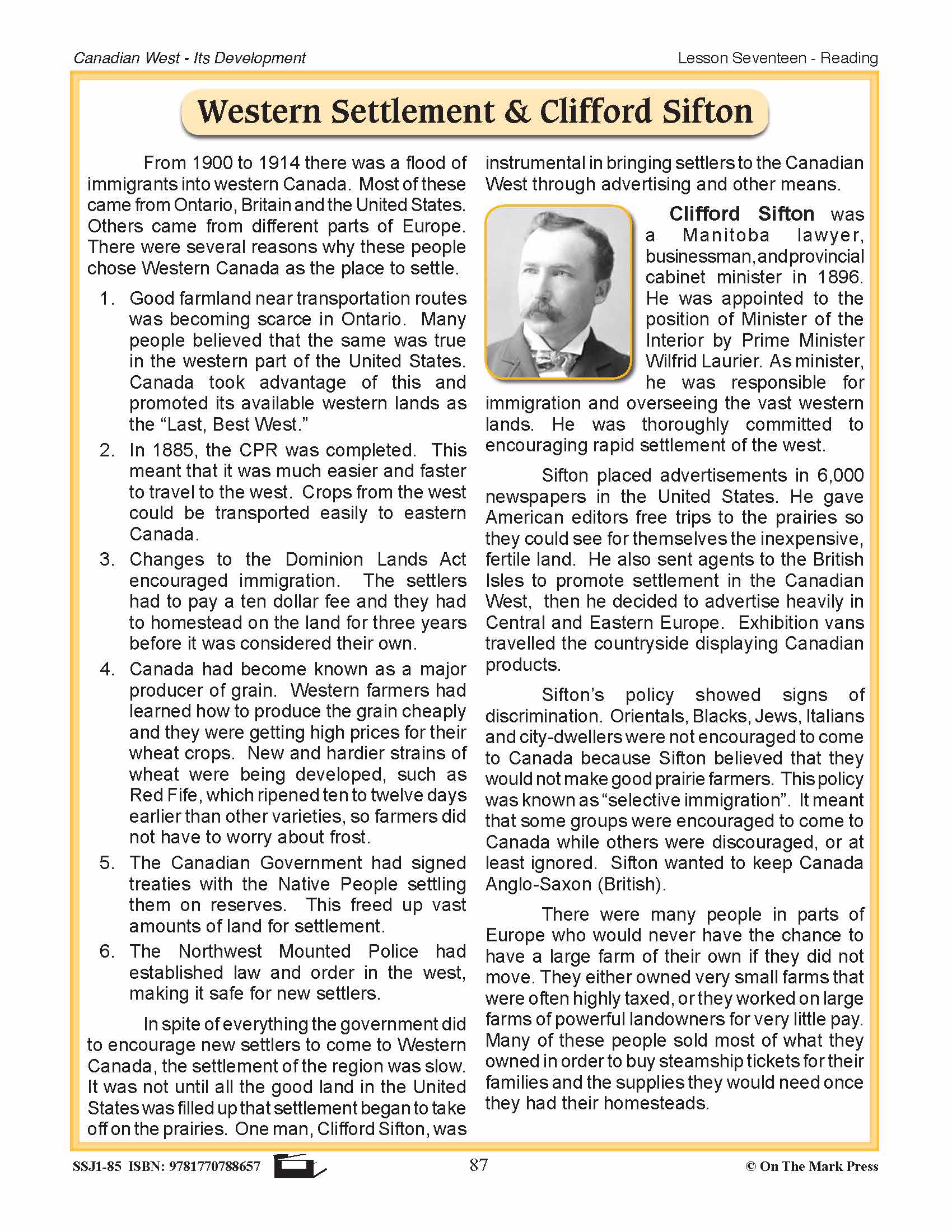 Western Settlement & Clifford Sifton Lesson Grades 7-8