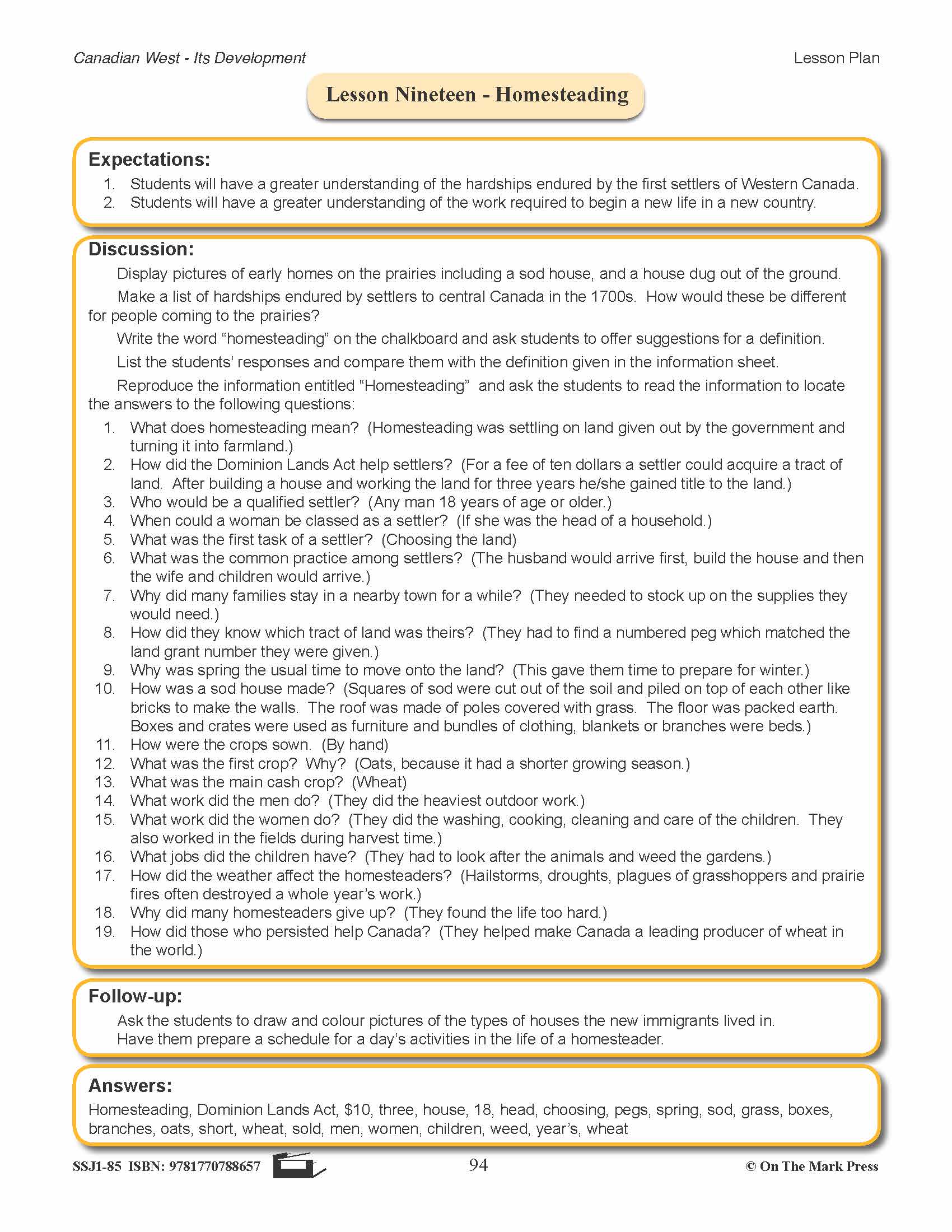 Homesteading Lesson Grades 7-8