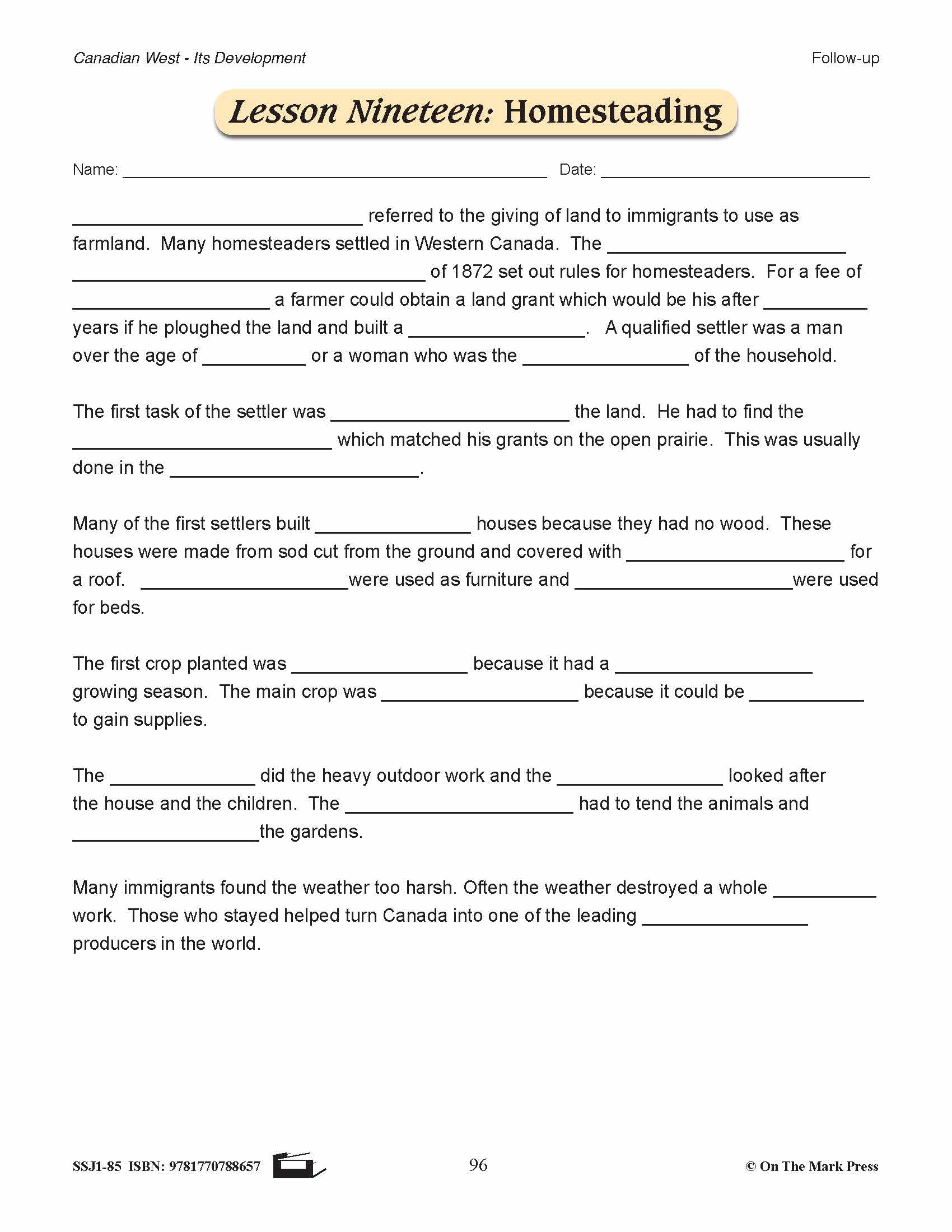 Homesteading Lesson Grades 7-8