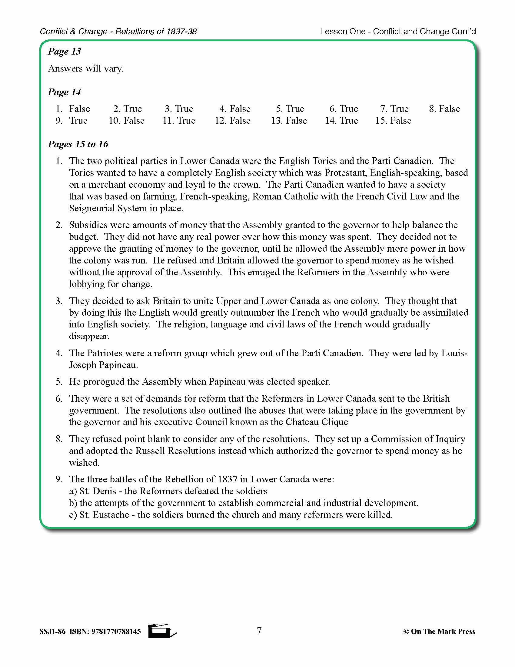 Conflict & Change Of 1837 To 1838  Grades 7-8