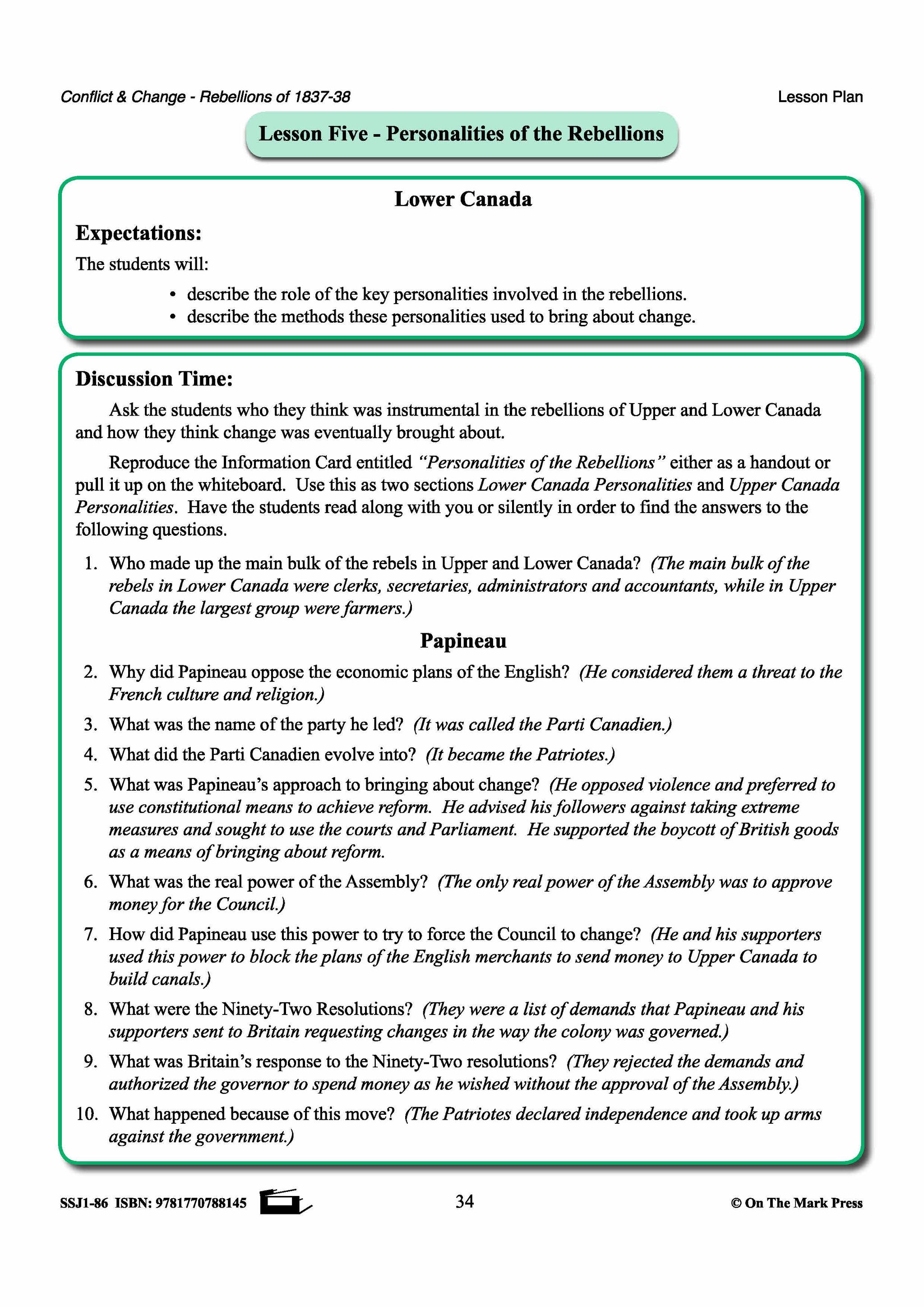 Personalities Of The Rebellions In Upper Canada Gr. 7-8