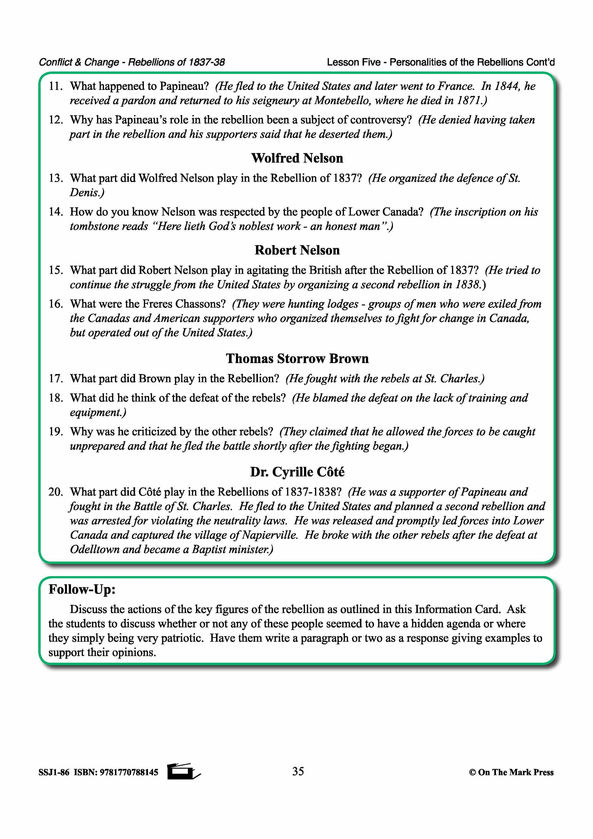 Personalities Of The Rebellions In Upper Canada Gr. 7-8
