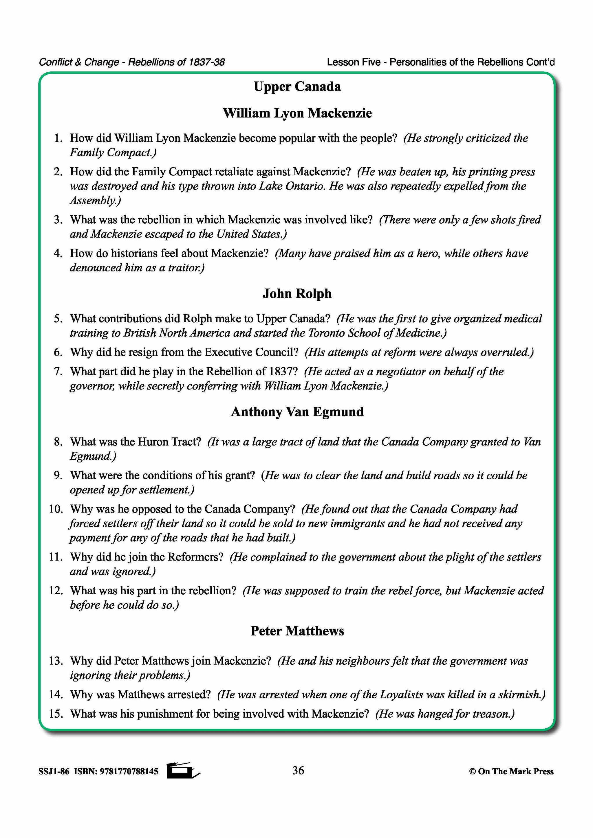 Personalities Of The Rebellions In Upper Canada Gr. 7-8